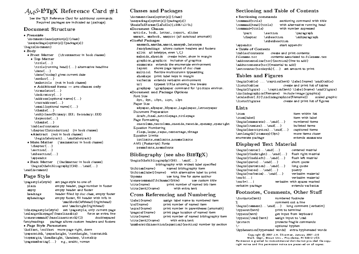 La Te XRef Card - report writing - AMS-LATEX Reference Card See the TEX ...