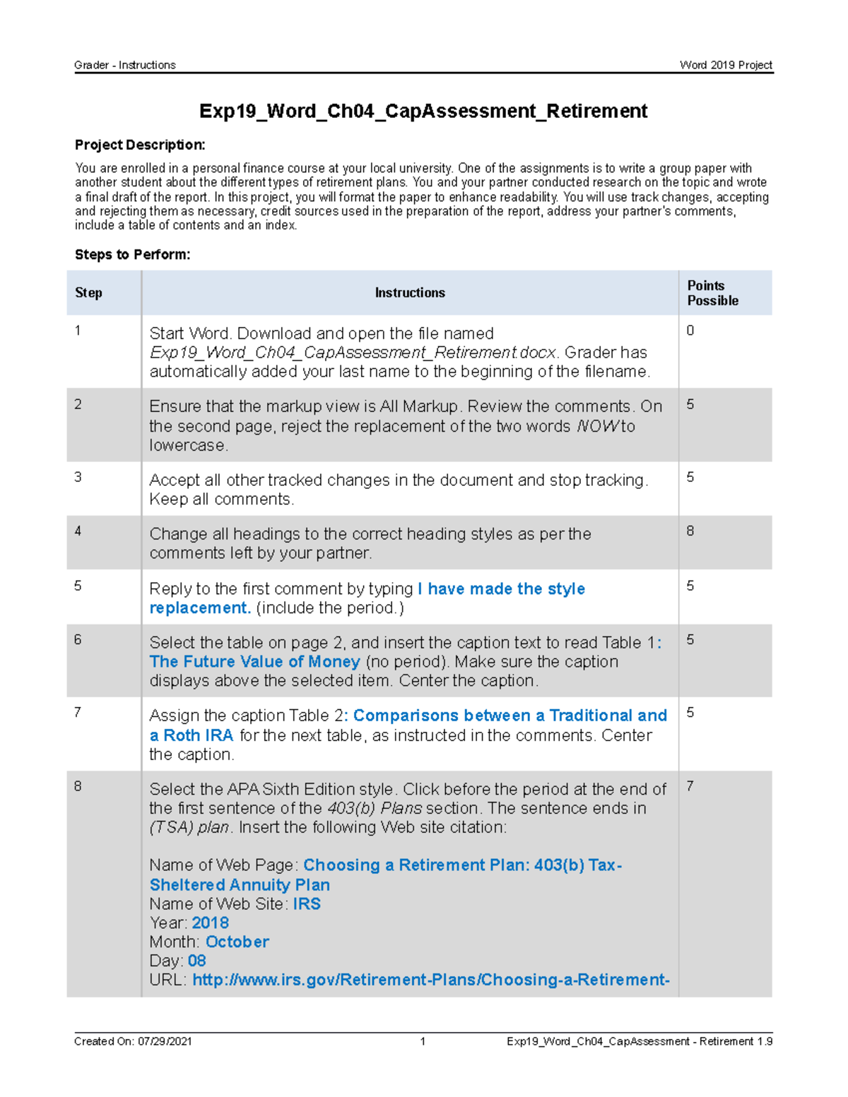 Exp19 Word Ch04 Cap Assessment Retirement Instructions Grader