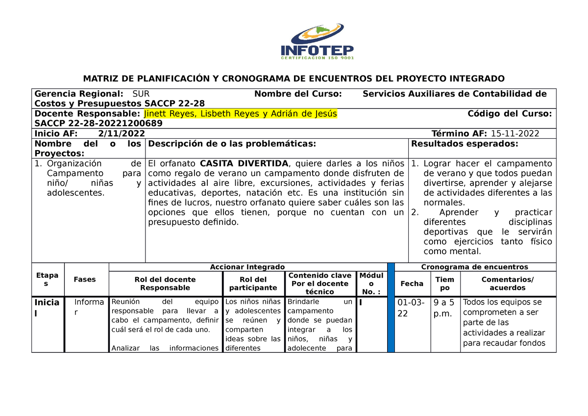 Proyecto Abp 2022 Matriz De PlanificaciÓn Y Cronograma De Encuentros Del Proyecto Integrado 7798