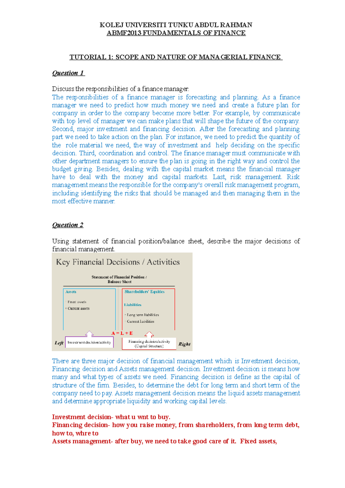 T1 Scope & Nature of Managerial Finance (Ques) - KOLEJ UNIVERSITI TUNKU ...
