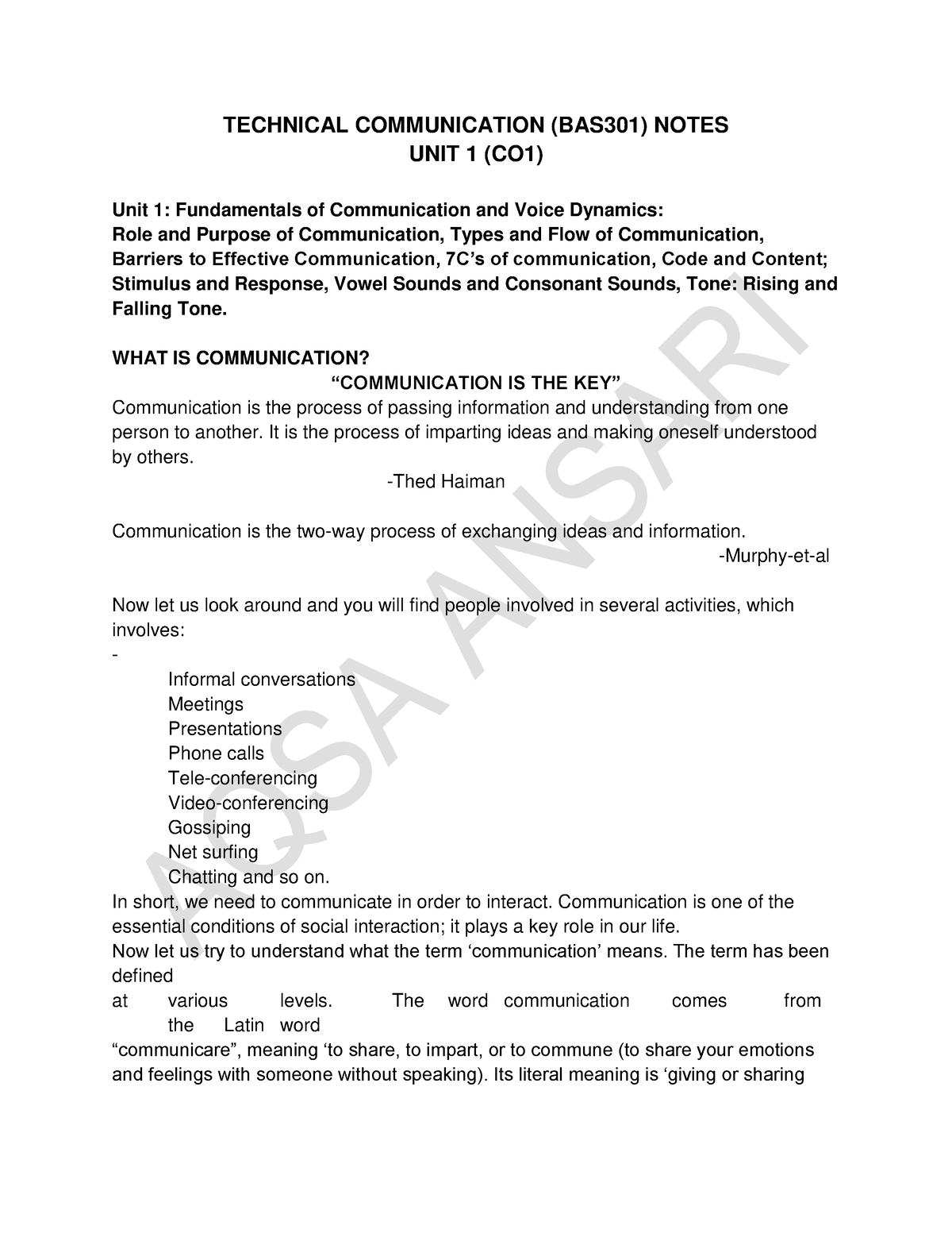 UNIT 1 Notes - Unit 1 - TECHNICAL COMMUNICATION (BAS301) NOTES UNIT 1 ...