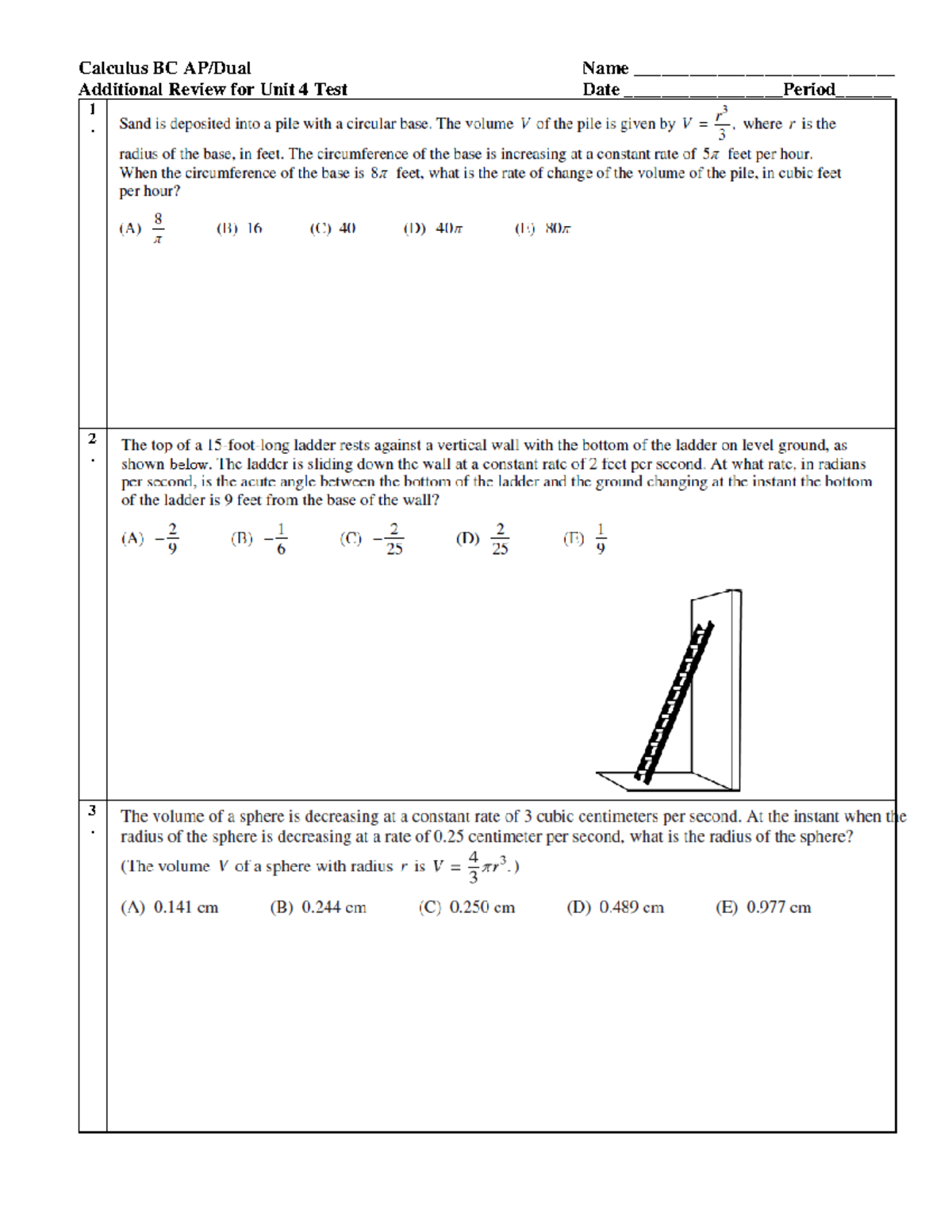 Additional Unit 4 Test Review - Calculus BC AP/Dual Name ...