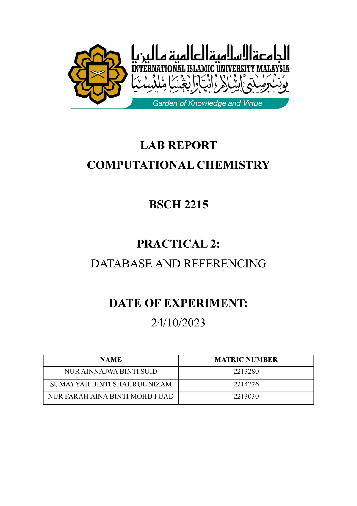 LAB Report COMP CHEM 2 - LAB REPORT COMPUTATIONAL CHEMISTRY BSCH 2215 ...