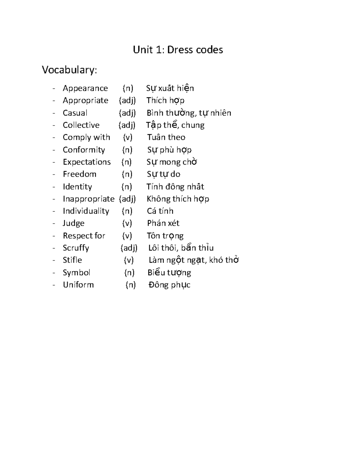 Vocab Speaking 2 Unit 1 Dress codes Vocabulary Appearance (n) S ự