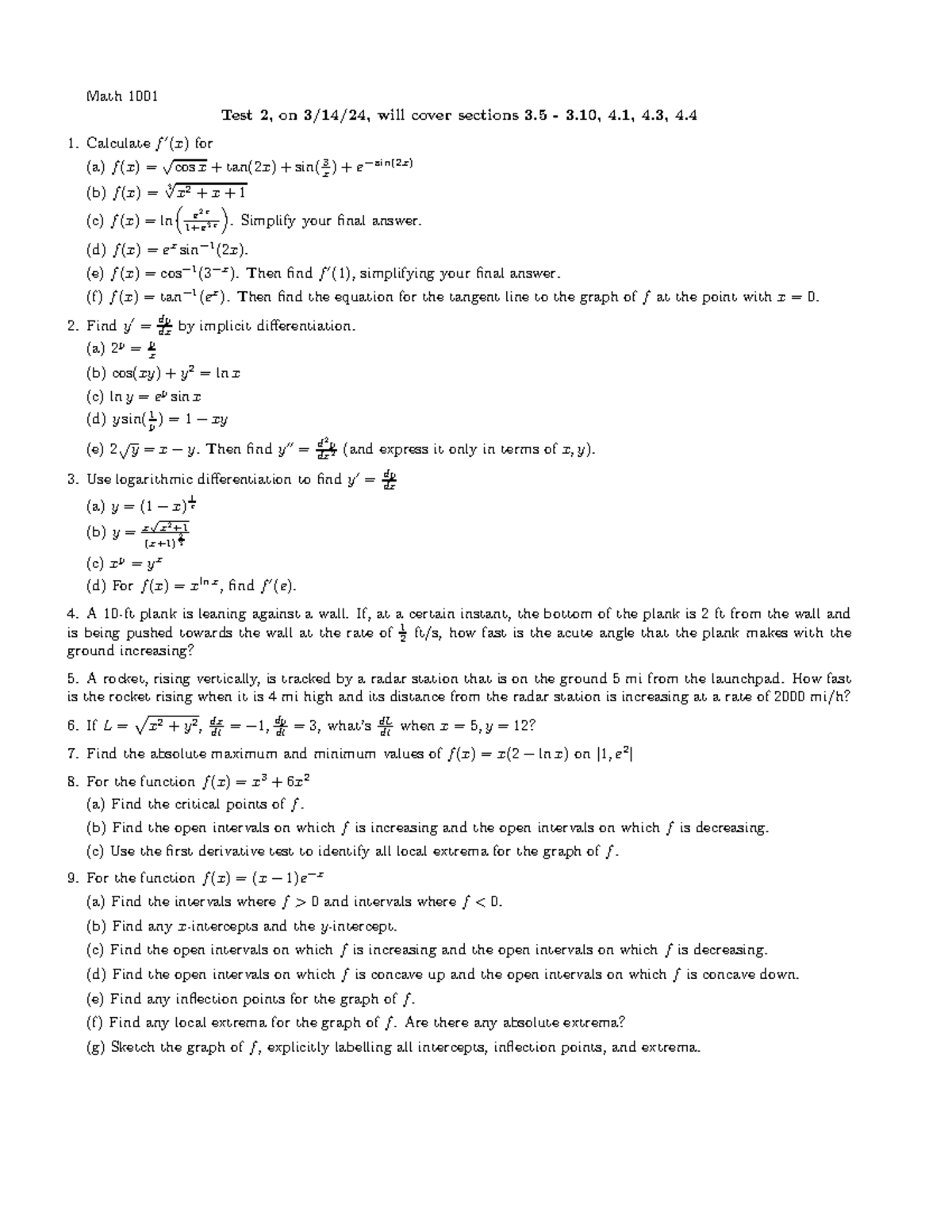 C1s24t2drill - Notes for test - Math 1001 Test 2, on 3/14/24, will ...