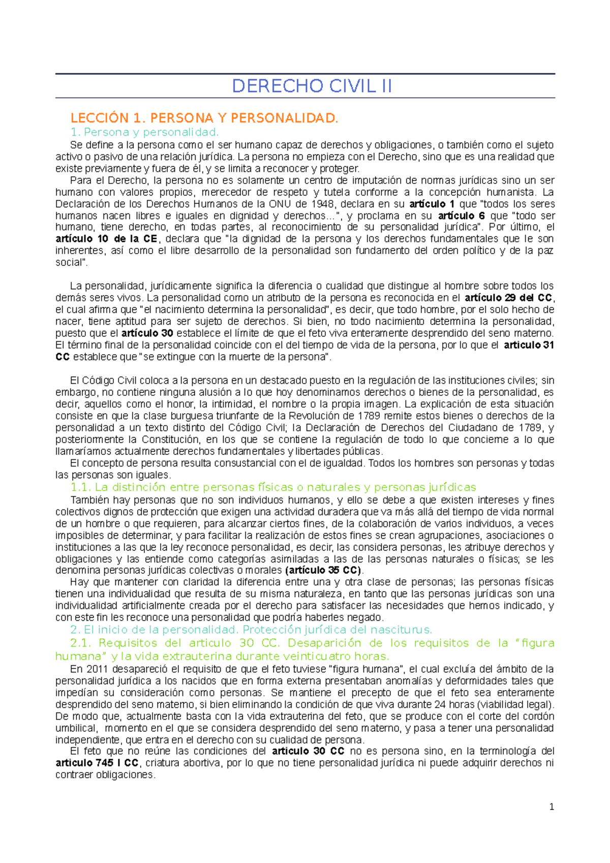 Derecho Civil II - DERECHO CIVIL II 1. PERSONA Y PERSONALIDAD. 1 ...