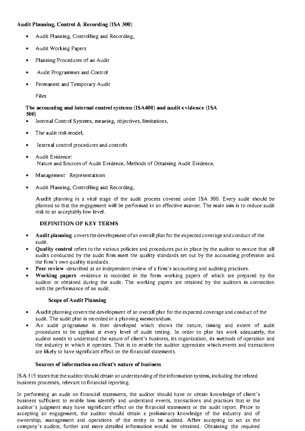 A UDIT Planning, Contro; AND Recording Notes - Audit Planning, Control ...