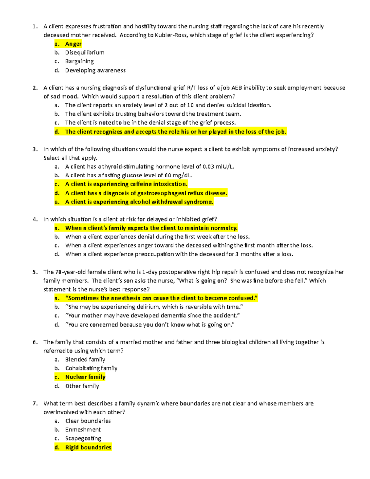 Questions For Quiz 6 - Mental Health - 1. A Client Expresses 