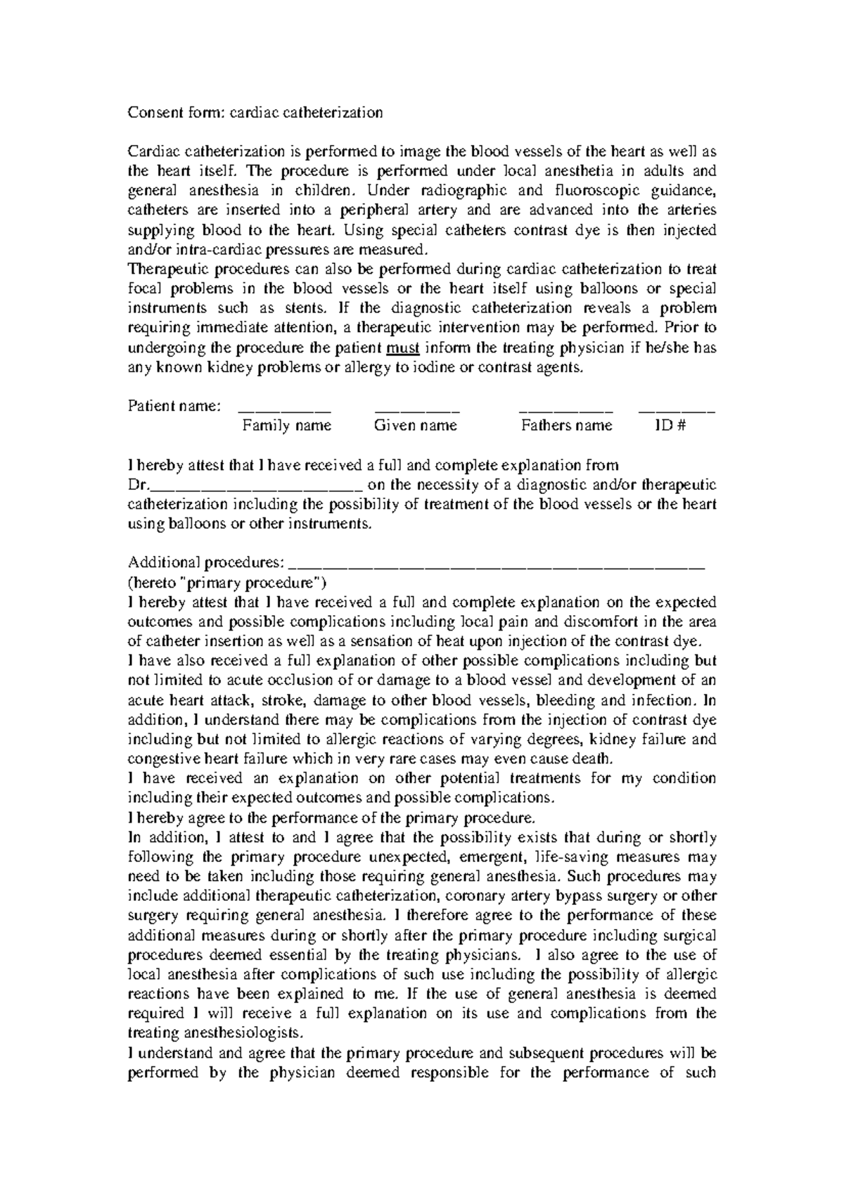 Consent formcardiac cath Consent form cardiac catheterization
