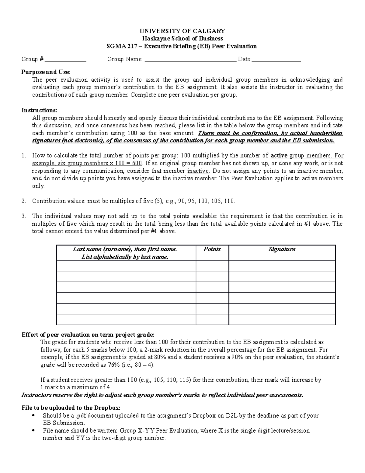 PEER Evaluation FORM Group Project - UNIVERSITY OF CALGARY Haskayne ...