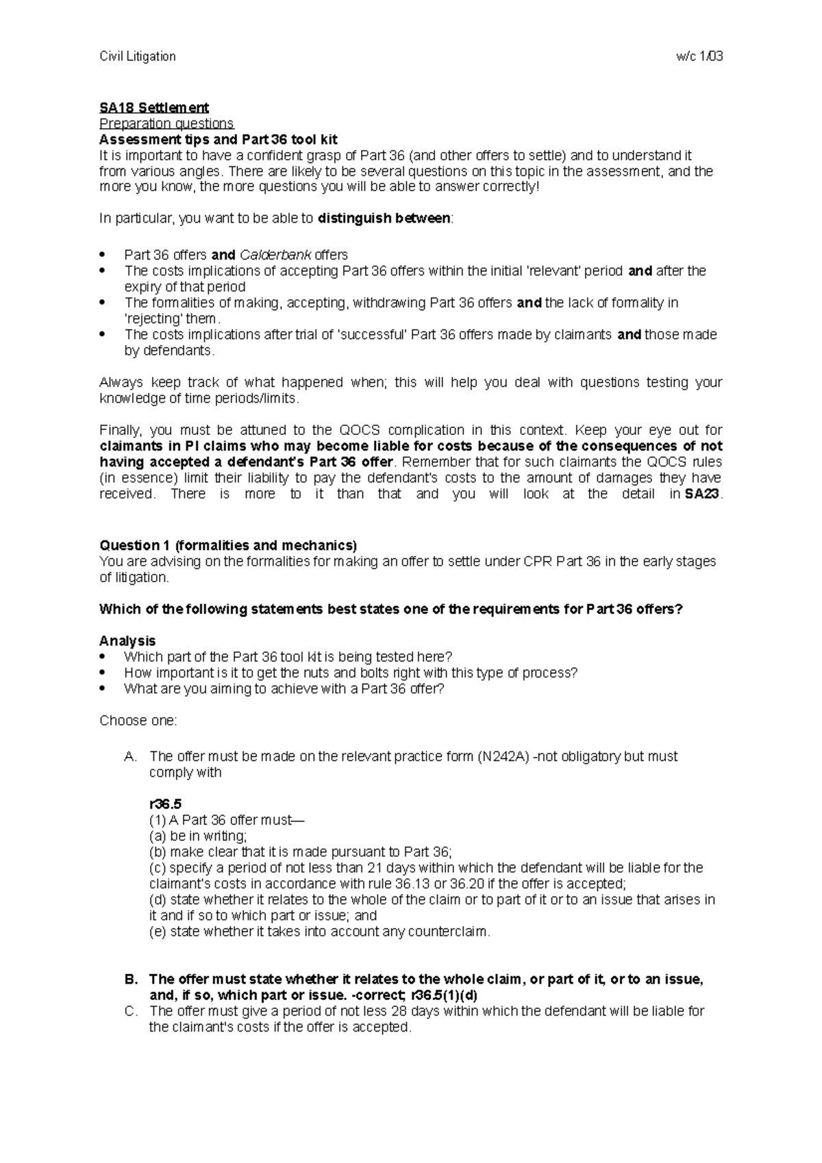 Tutorial Questions Settlement SA18 Settlement Preparation questions Assessment tips and Part