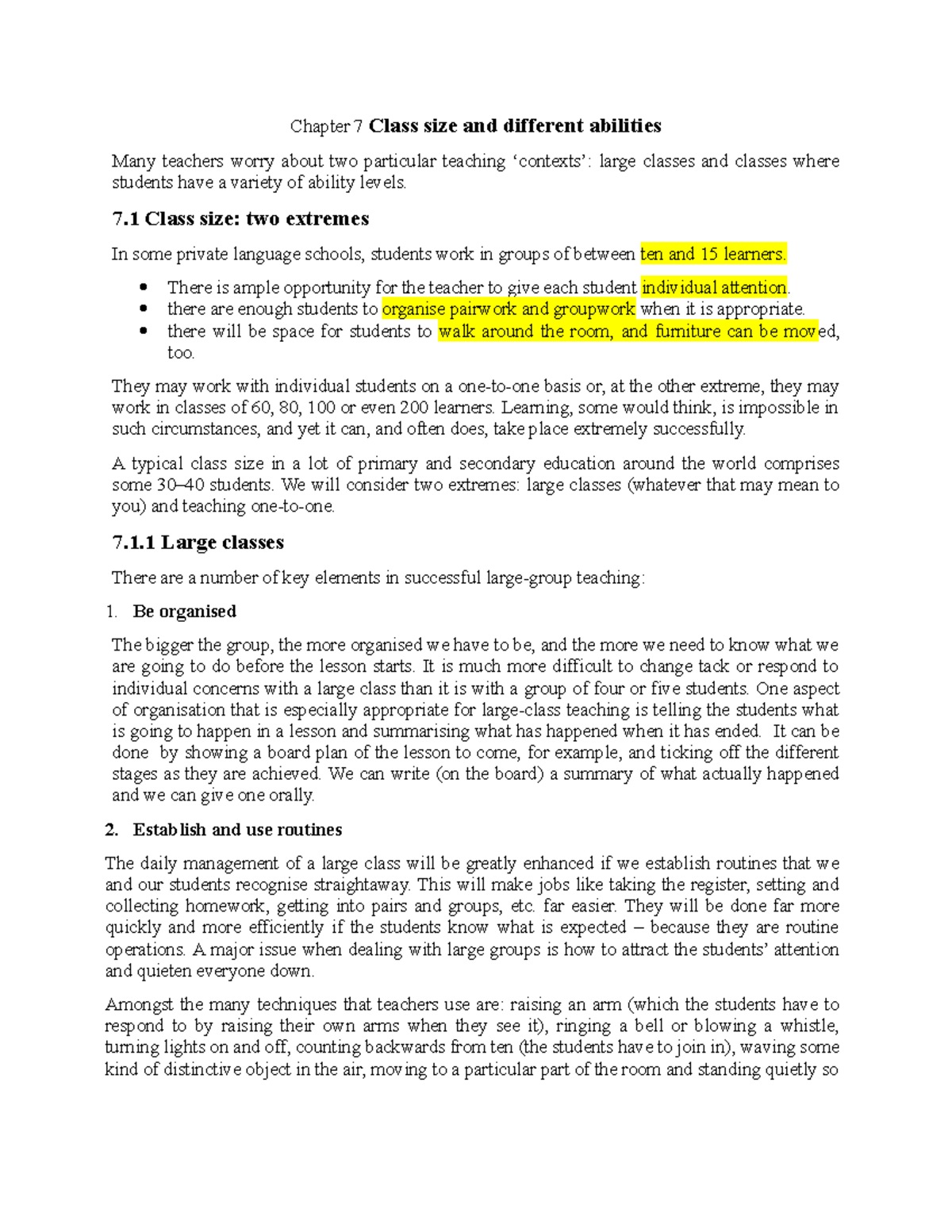 Chapter 7, 8, 9 key points - Chapter 7 Class size and different ...