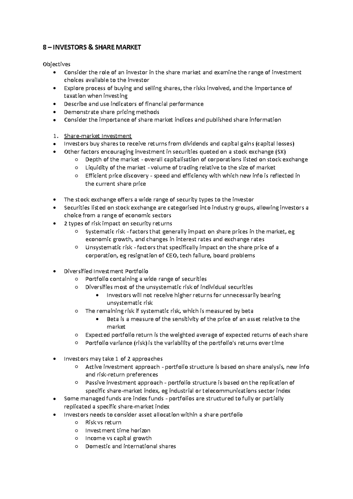 ACFI1003 8 - lecture notes and tutorial work - 8 – INVESTORS & SHARE ...