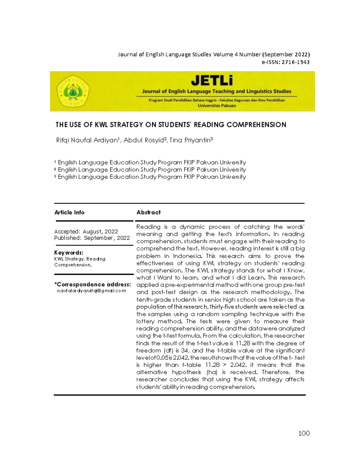The Use of KWL Strategy on Students Reading Compr - Journal of English ...