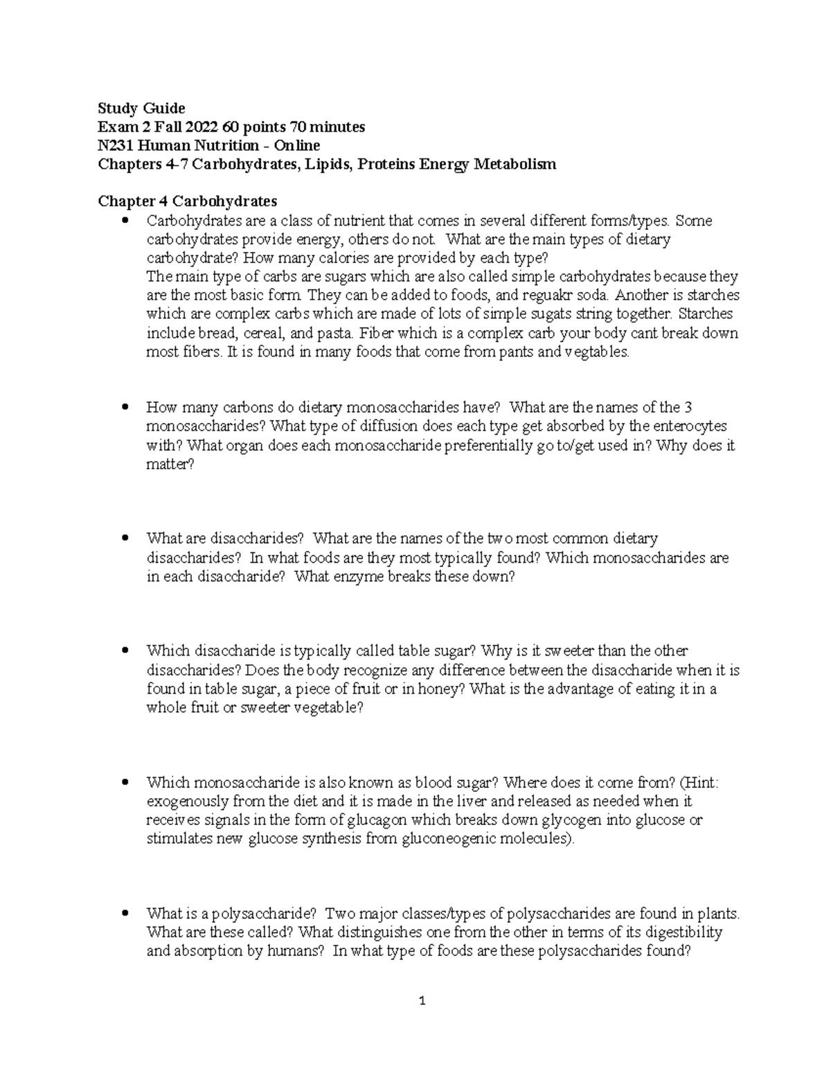 Exam 2 Chapters 4-7 F2024 - Study Guide Exam 2 Fall 2022 60 points 70 ...