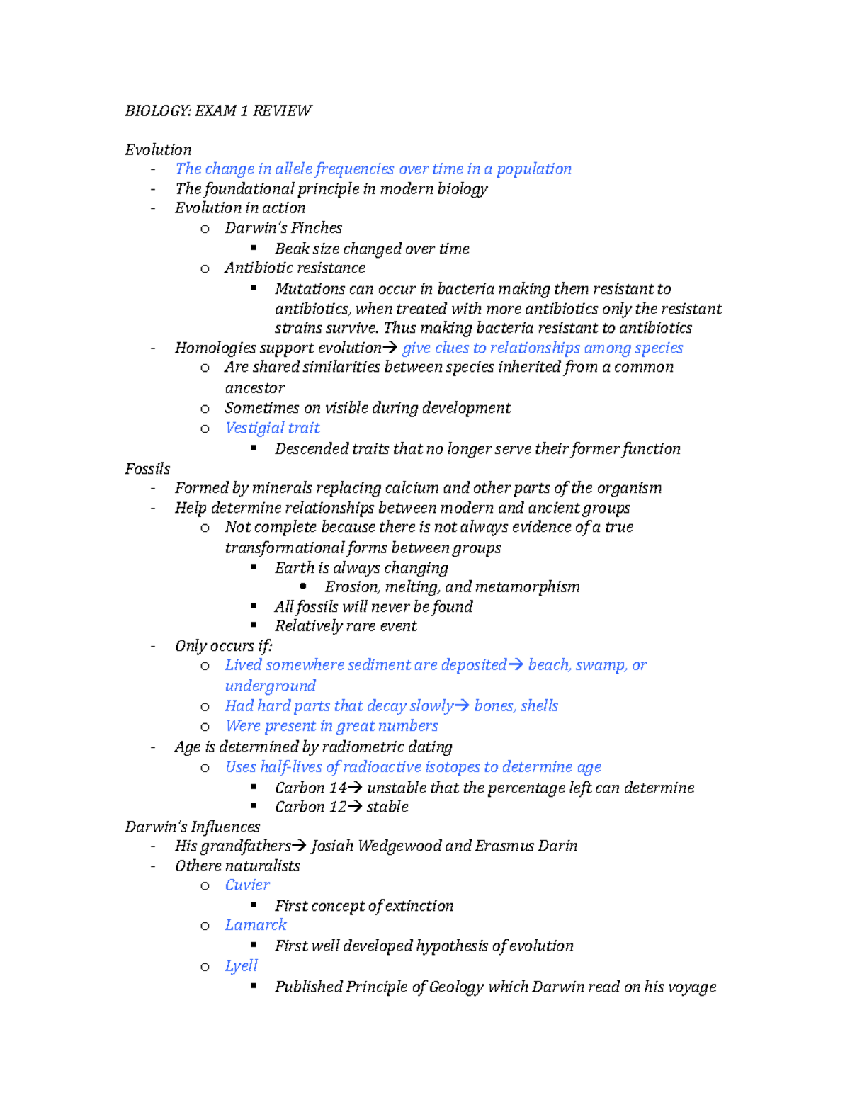 Exam 1 Review - BIOLOGY: EXAM 1 REVIEW Evolution - The change in allele ...