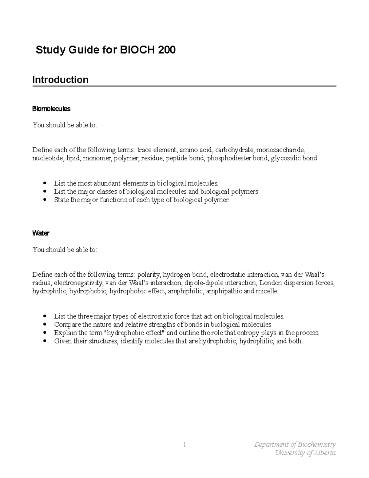 Study Guide Spring 17 Study Guide For Bioch 0 Introduction Biomolecules You Studocu