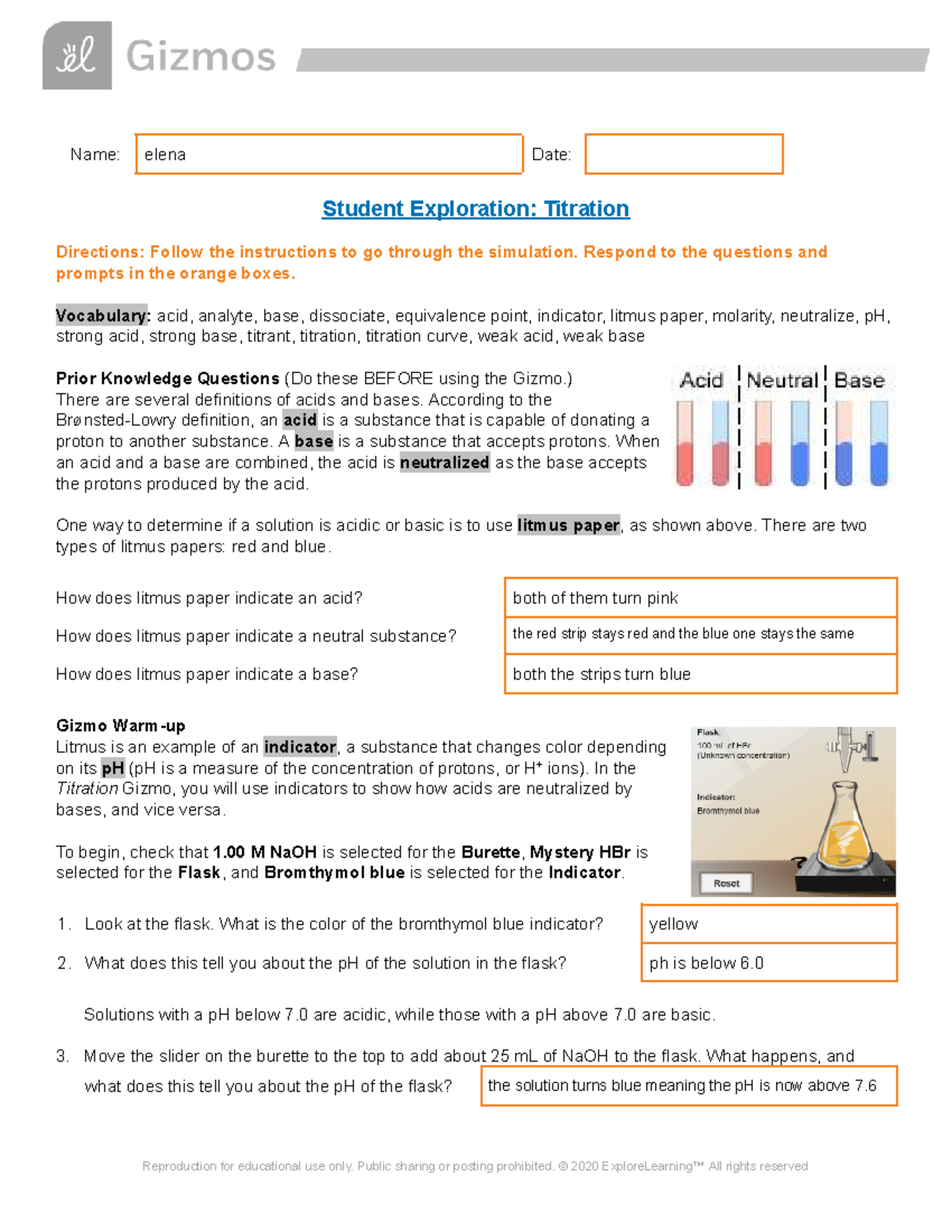 Gizmo Titration SE - Name: elena Date: Student Exploration: Titration ...