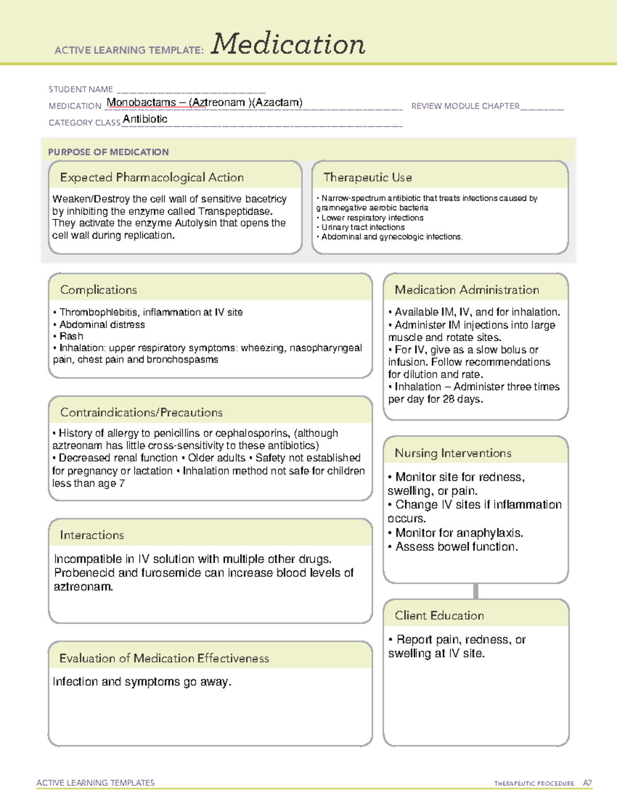 Azactam - Medication template - ACTIVE LEARNING TEMPLATES TherapeuTic ...