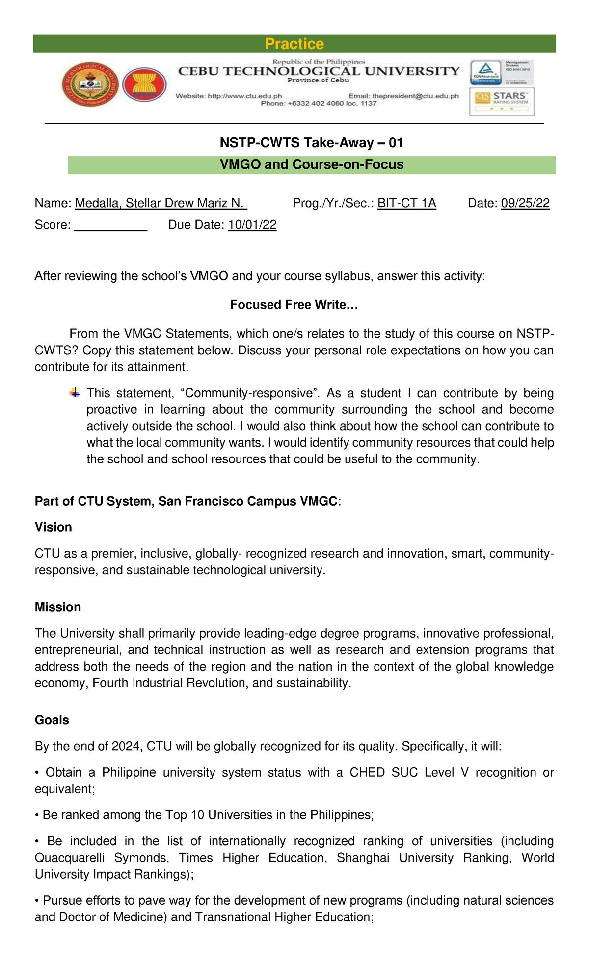 Medalla, SDM (Module 1 NSTP-CWTS) - Practice NSTP-CWTS Take-Away – 01 ...