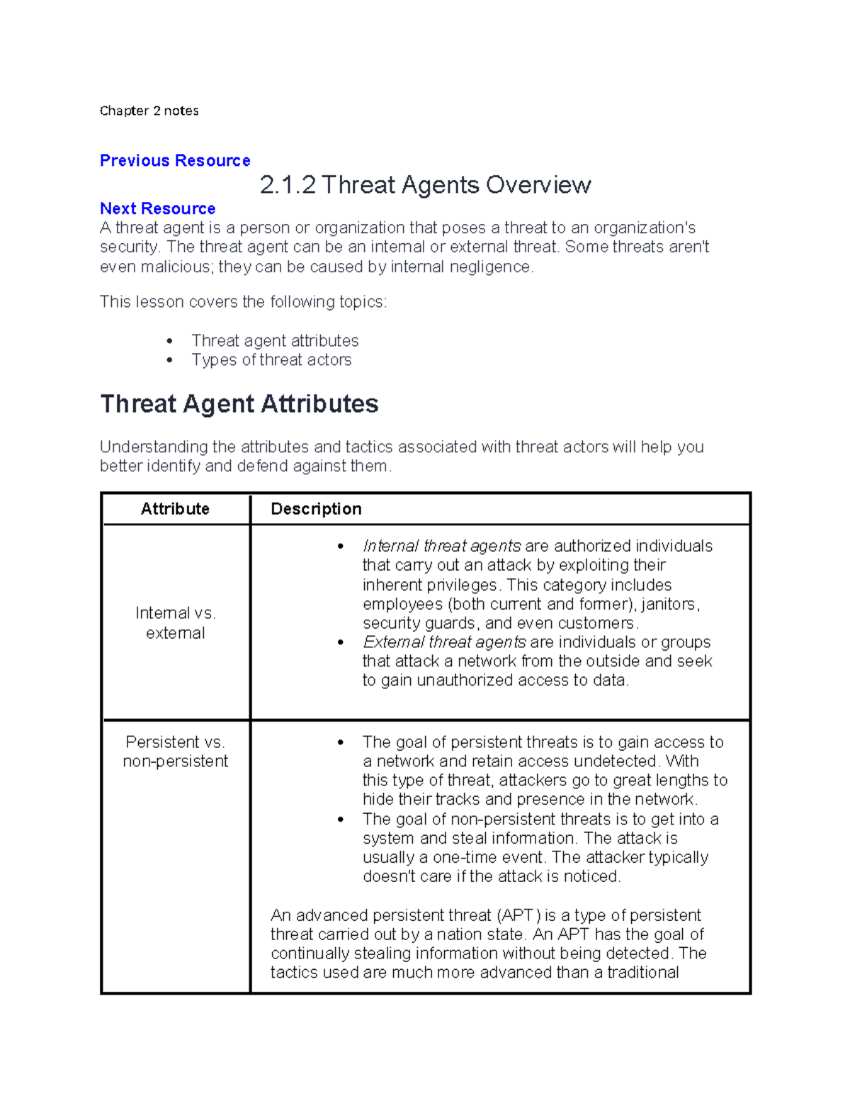 Chapter 2 notes - Chapter 2 notes Previous Resource 2.1 Threat Agents ...