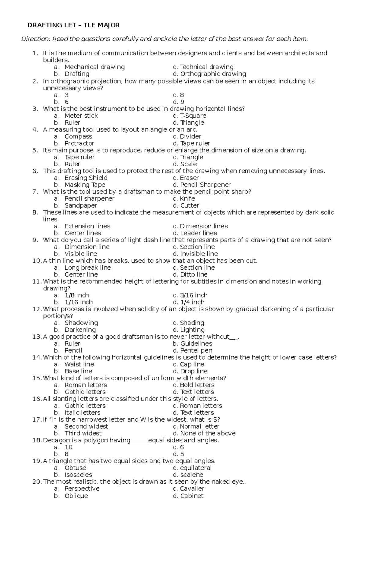 TLE- Questionnaires - NOTES - DRAFTING LET – TLE MAJOR Direction: Read ...