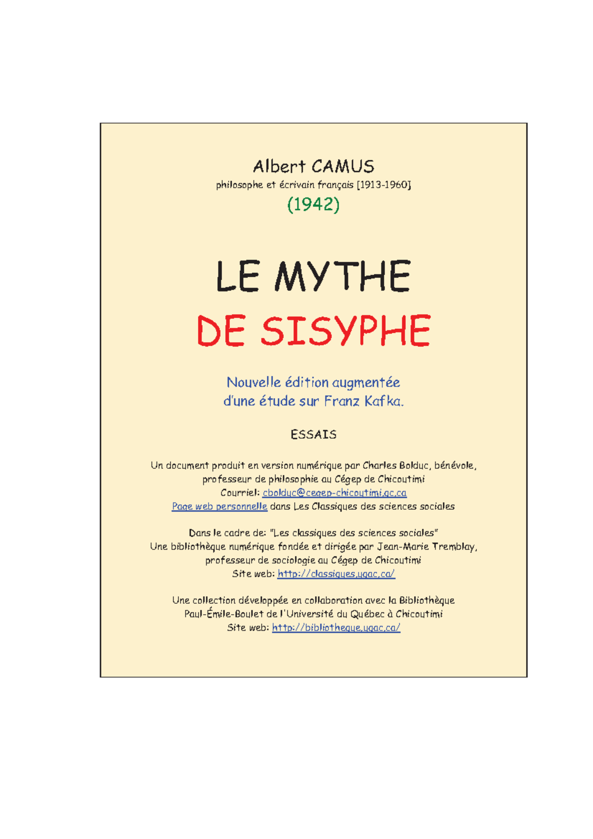 Camus Le mythe de sisyphe - Albert CAMUS philosophe et écrivain ...