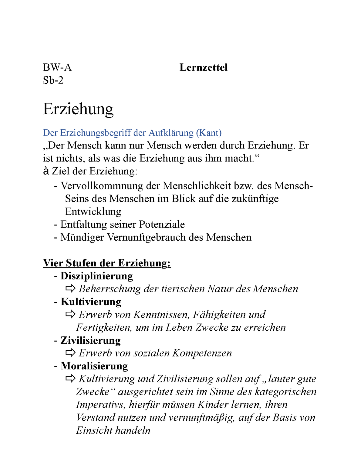 Lernzettel Bwa2 - BW-A Lernzettel Sb- Erziehung Der Erziehungsbegriff ...