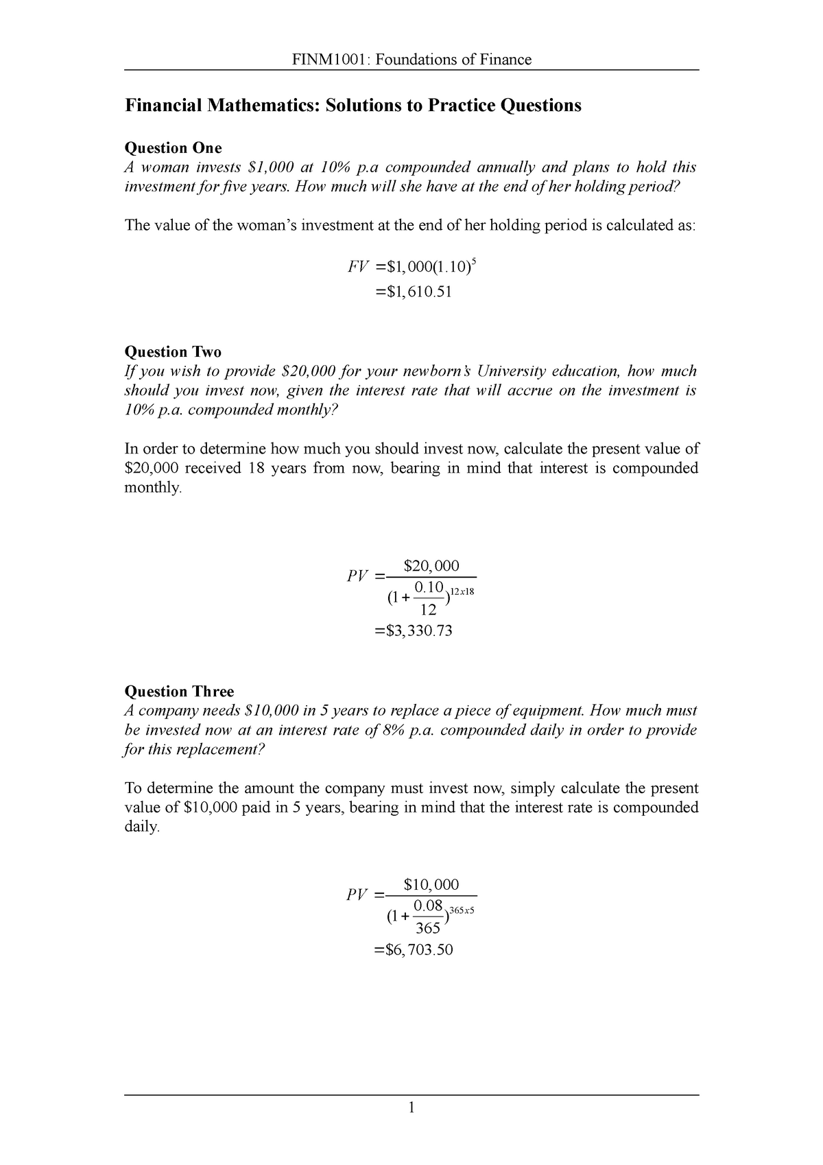 1a-financial-mathematics-solutions-to-practice-questions-finm1001-foundations-of-finance