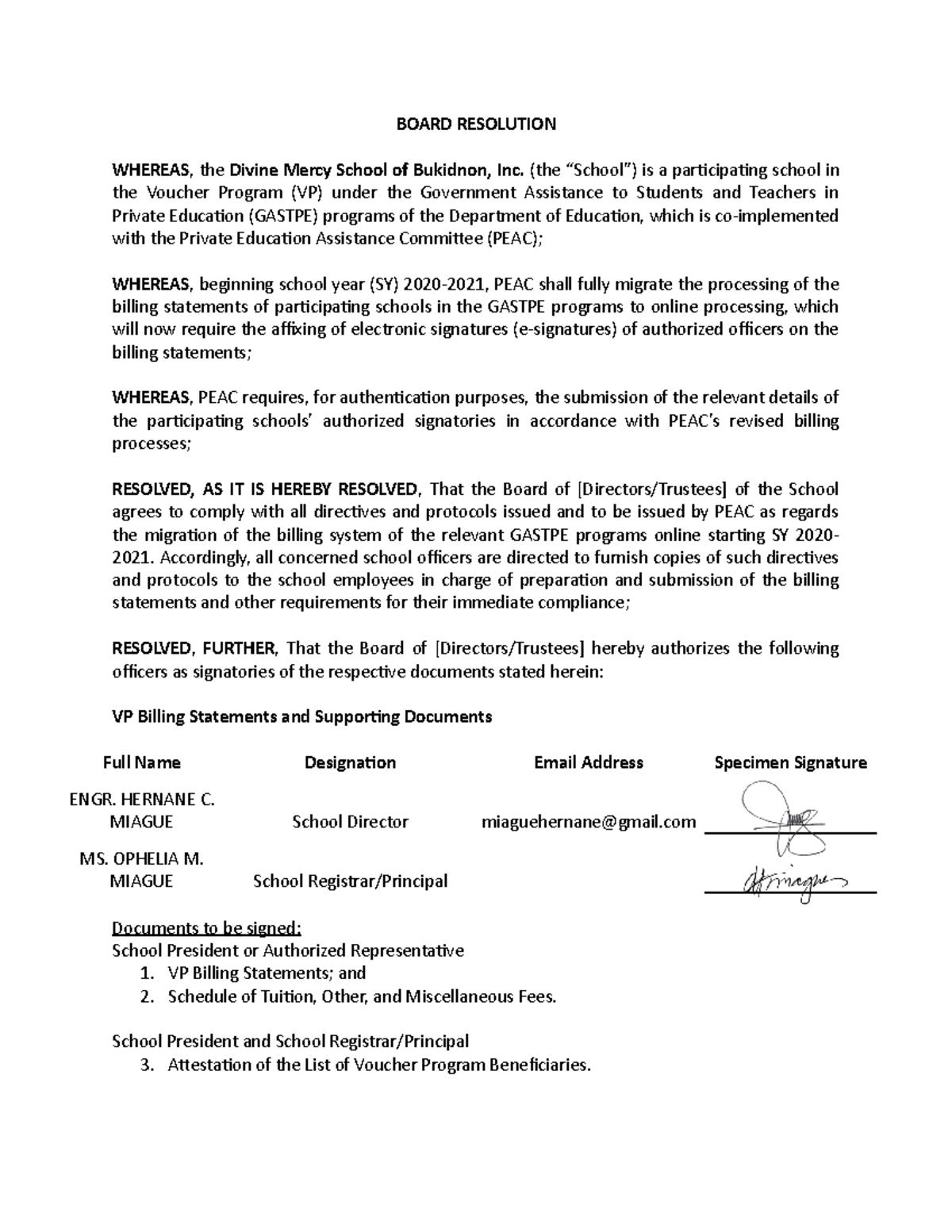 Board Resolution on Assigning Signatories in the Voucher Program ...