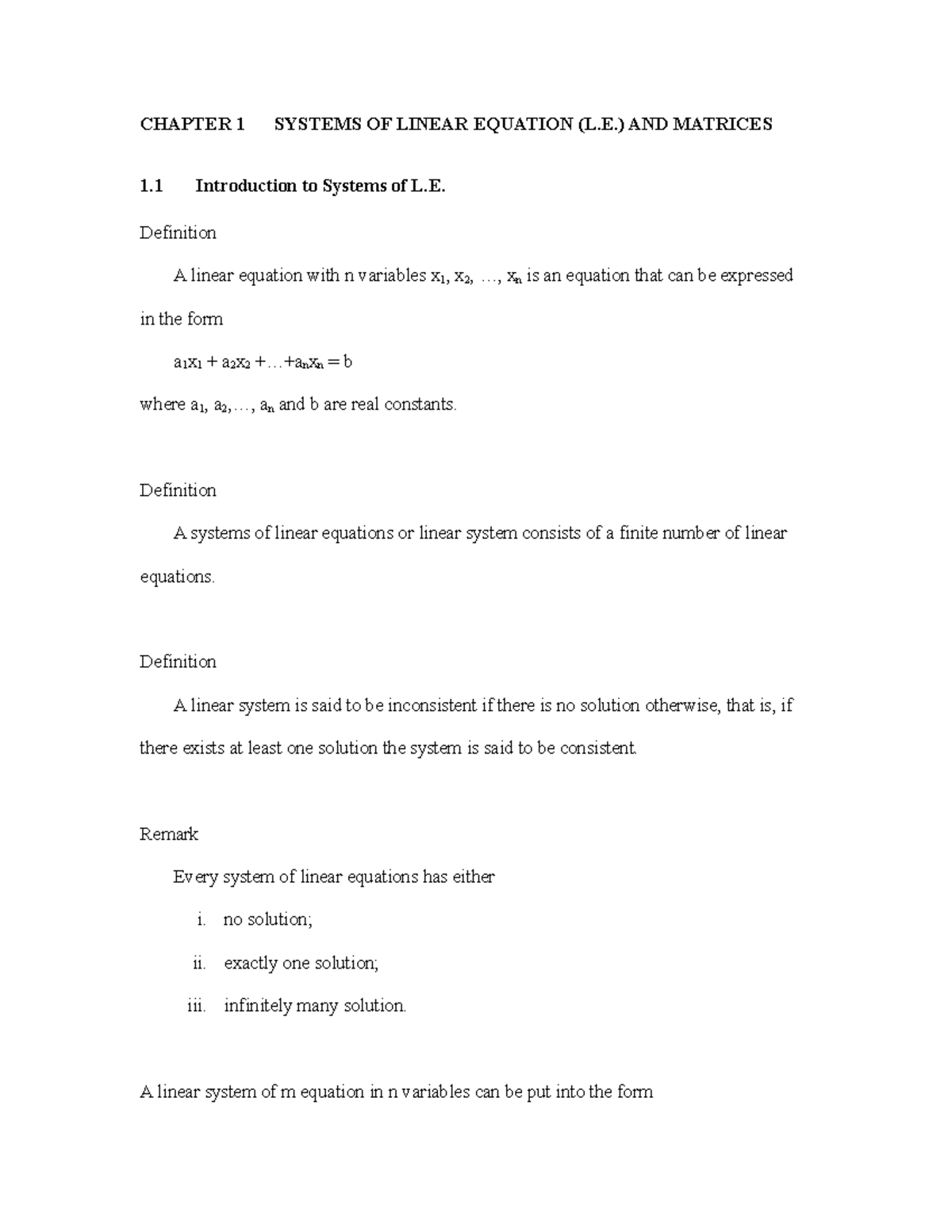 Chapter 1 - Lecture notes 1 - CHAPTER 1 SYSTEMS OF LINEAR EQUATION (L ...