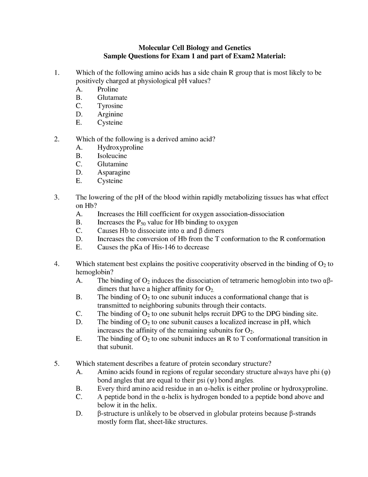 Sample Questions for Exam 1 Molecular Cell Biology and
