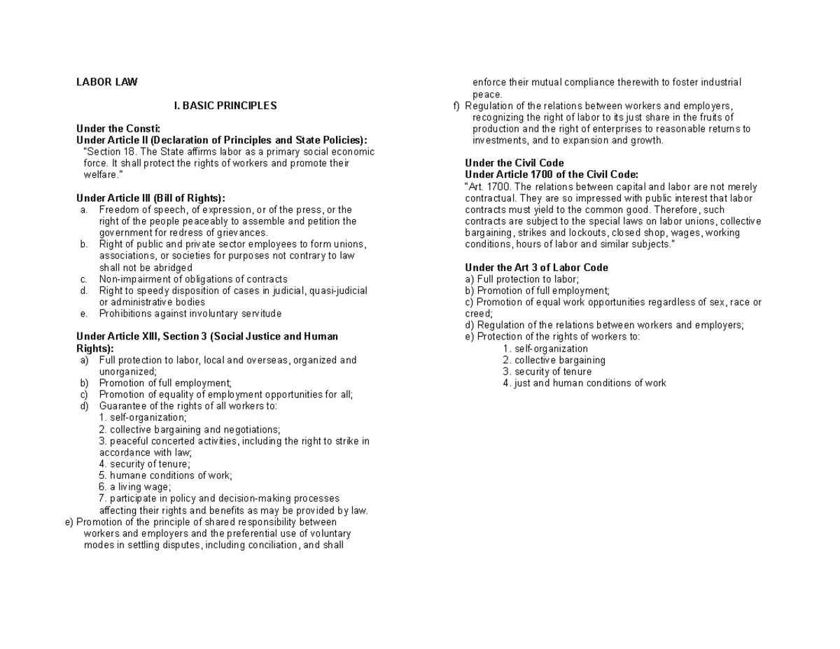 Labor LAW0 enumeration - LABOR LAW I. BASIC PRINCIPLES Under the Consti ...