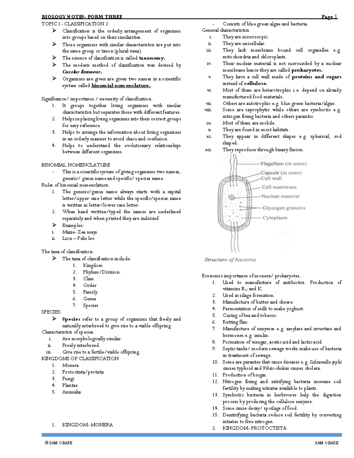 Form 3 notes-1 - Summarized notes - TOPIC 1- CLASSIFICATION 2 ...