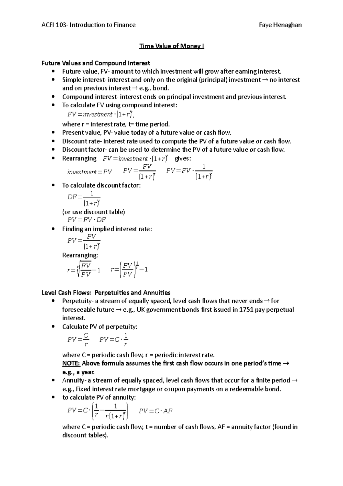 Time Value of Money I - Lecture notes 2 - ACFI 103- Introduction to ...