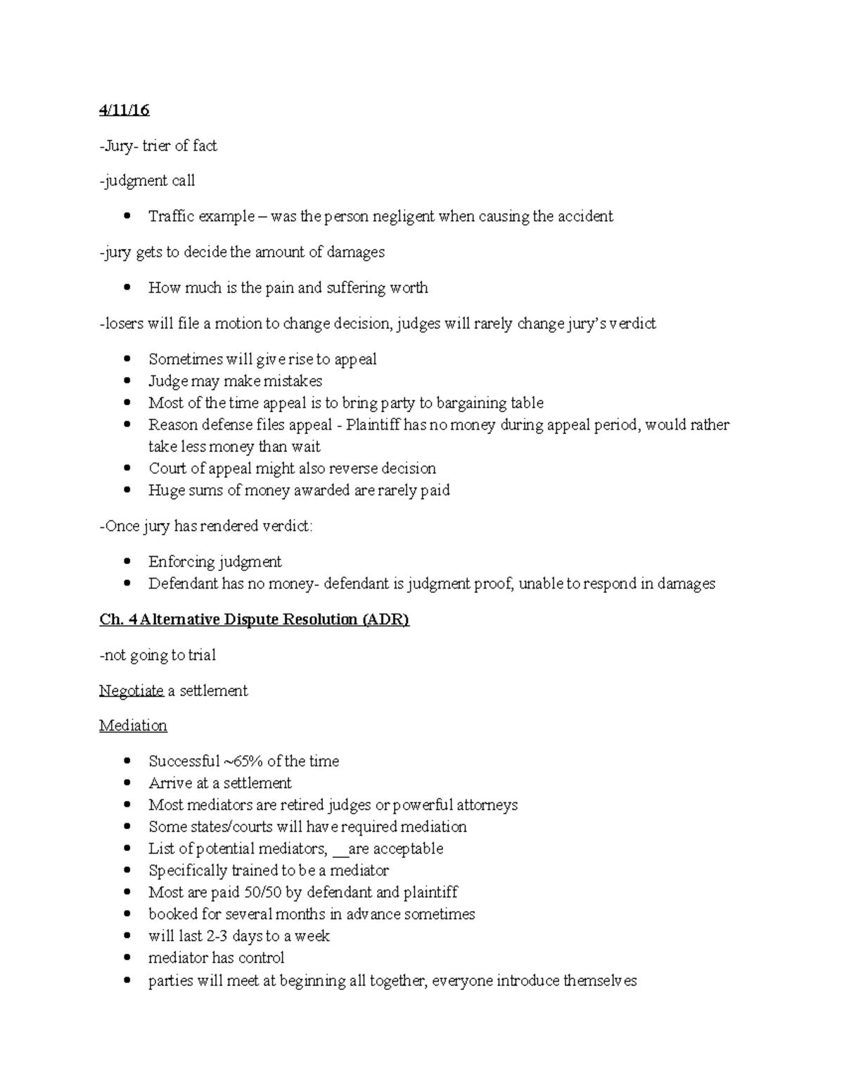 Notes - Legal Processes - 4/11/ -Jury- trier of fact -judgment call ...