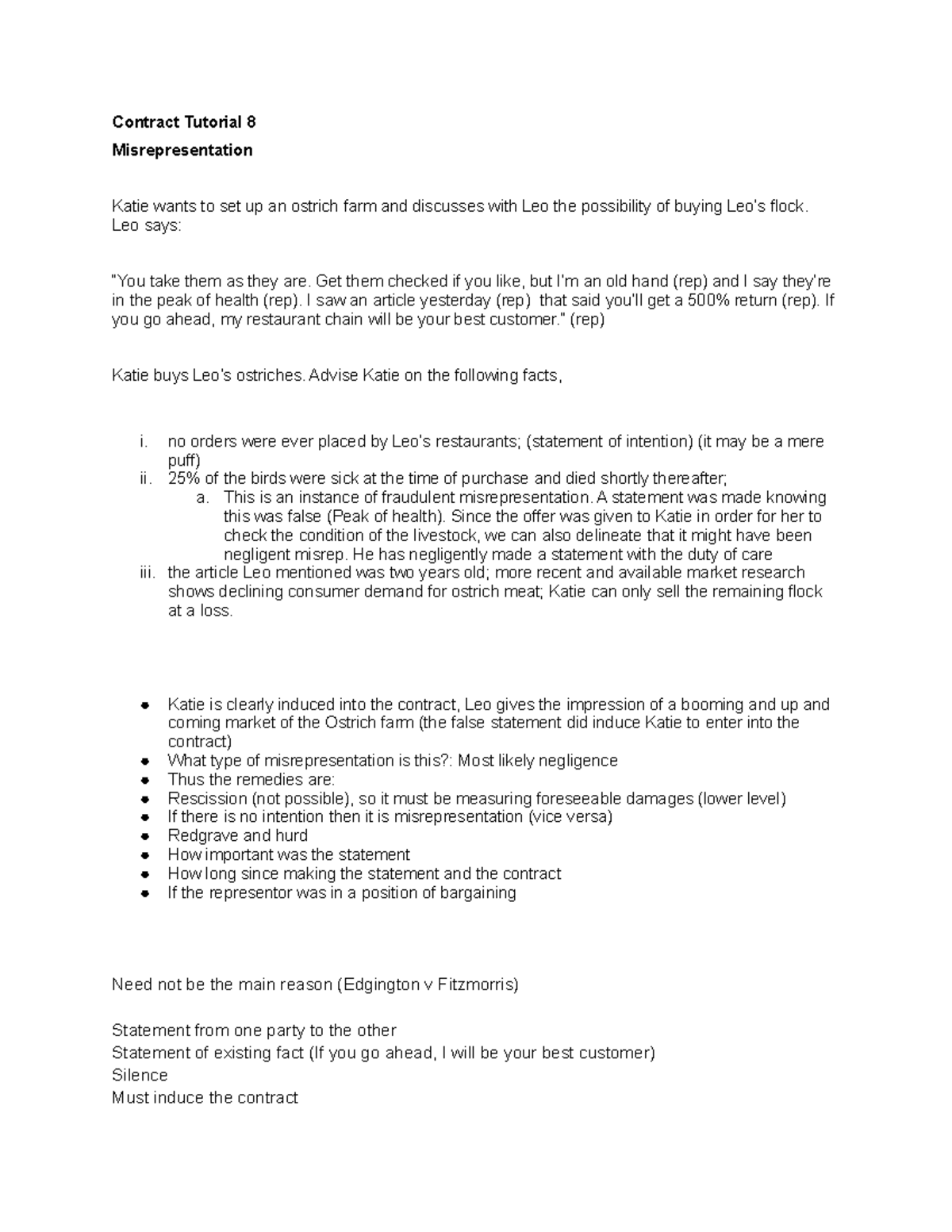 Contract Law, Misrepresentation - Contract Tutorial 8 Misrepresentation ...