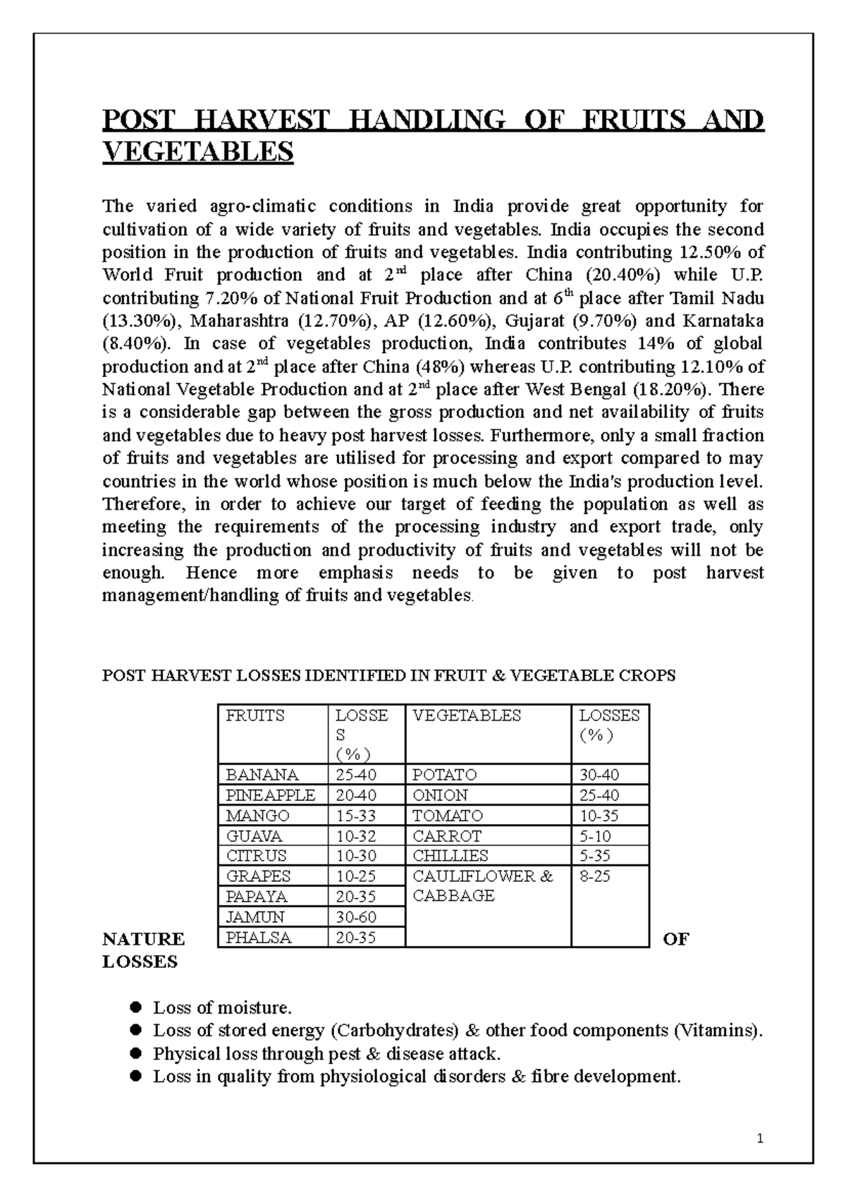 Lecture On POST Harvest Handling - POST HARVEST HANDLING OF FRUITS AND ...