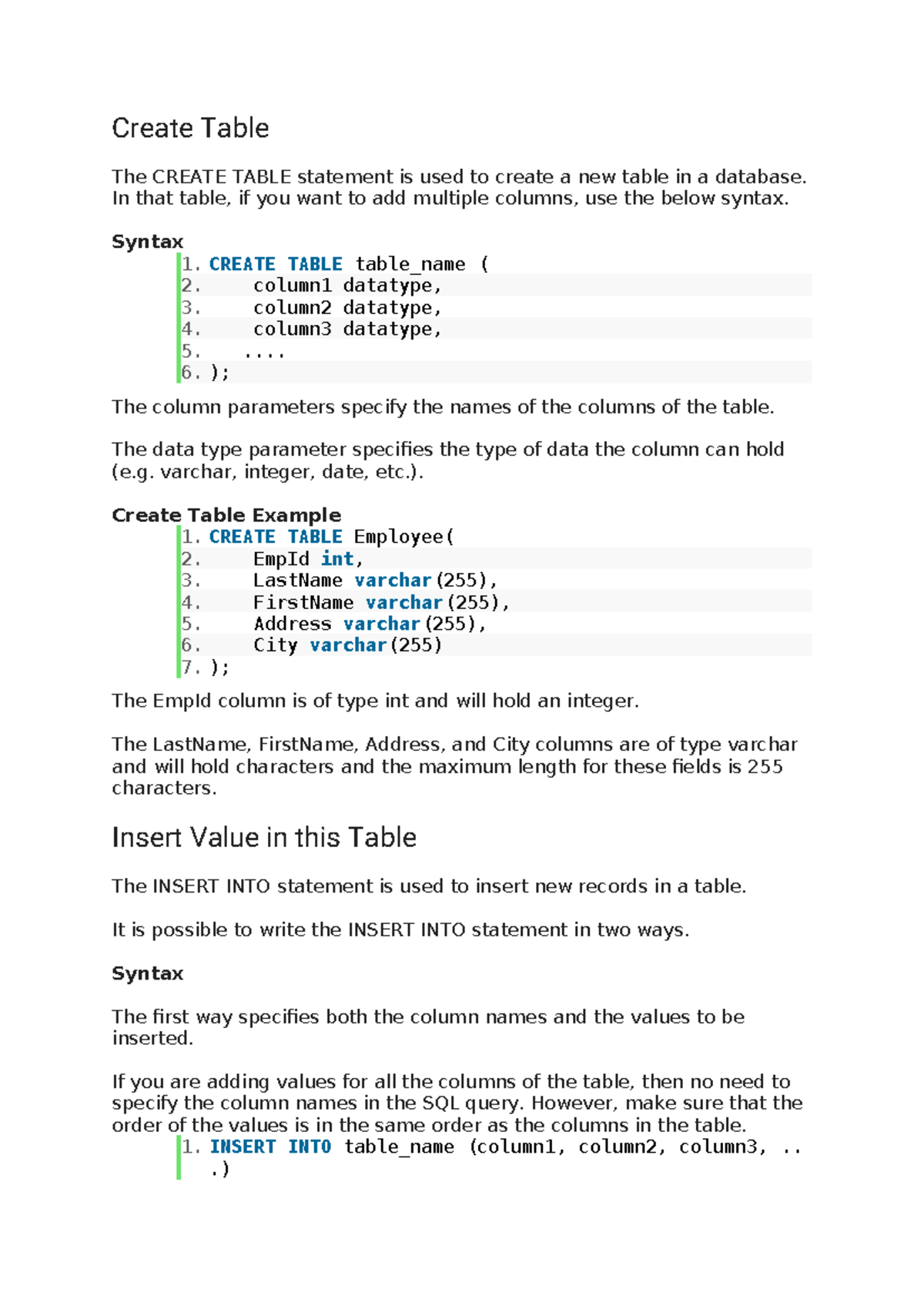 SQL Query FOR JAVA - this is sql notes - Create Table The CREATE TABLE ...