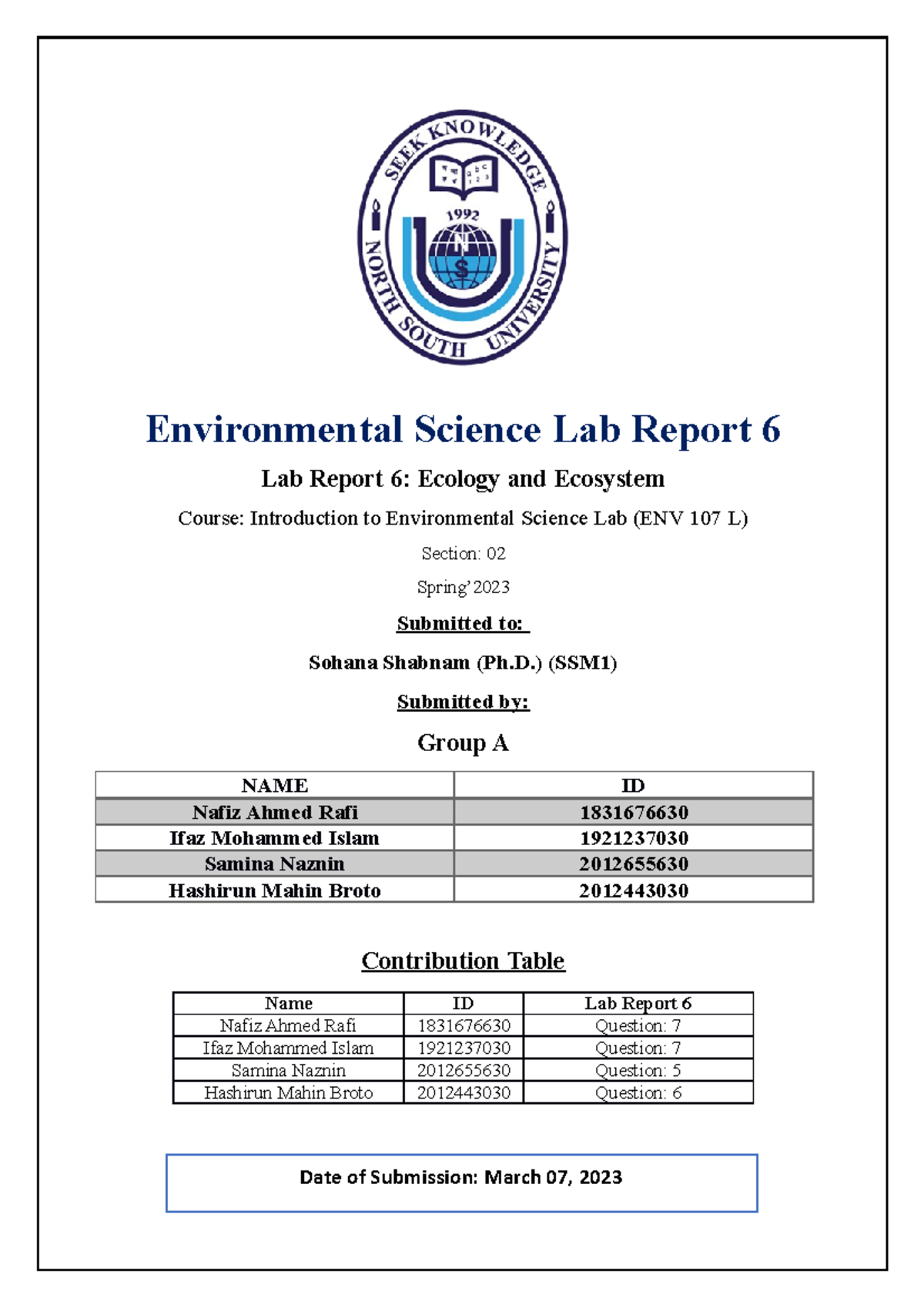 ENV 107 Lab Report 6 - introduction to environmental science (ENV 107 ...