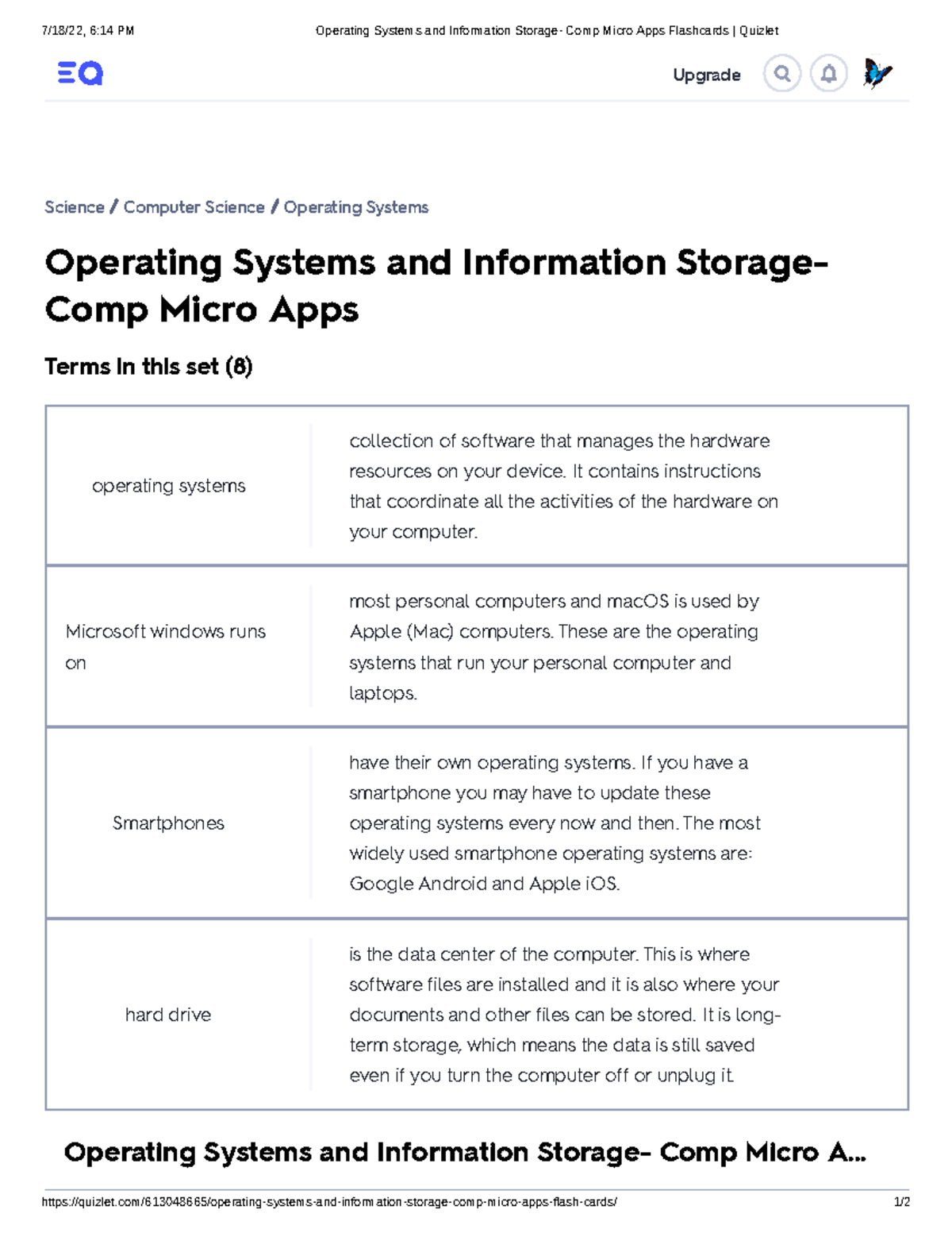 Operating Systems and Information Storage Comp Micro Apps Flashcards