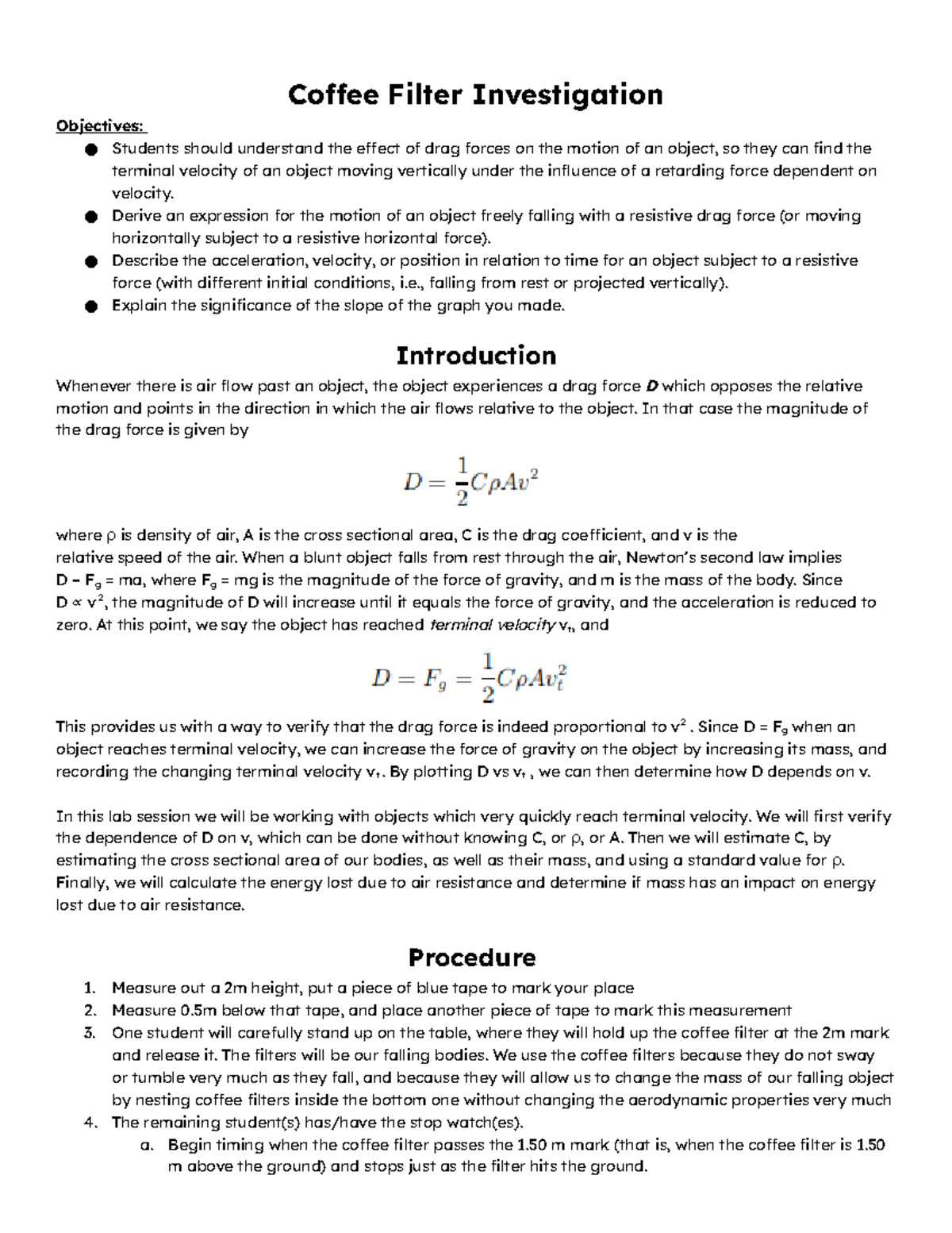 Copy of Coffee Filter Lab 2022 Coffee Filter Investigation Objectives