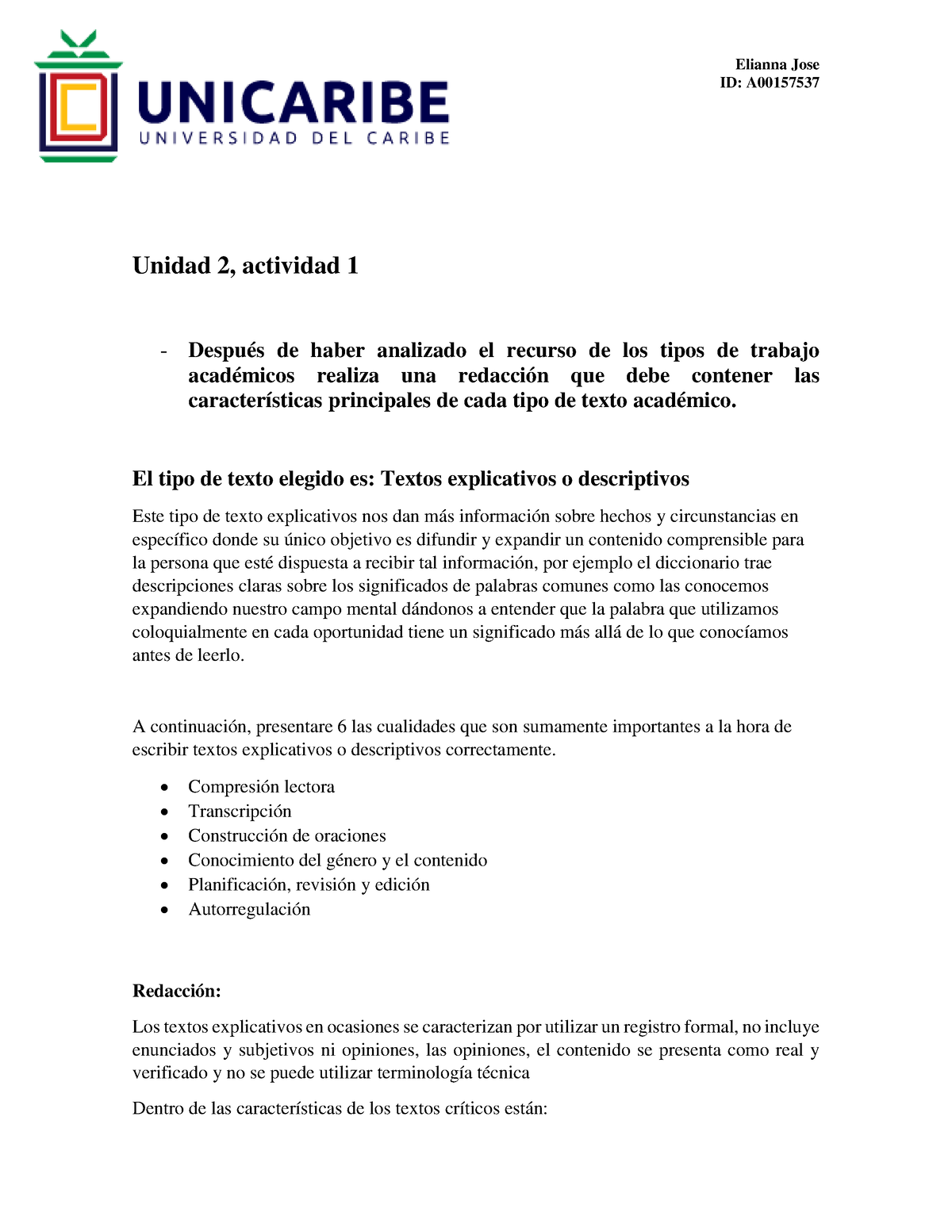 Elianna Jose Tipos De Trabajos Academicos Elianna Jose Id A Unidad 2 Actividad 1 Después 7037