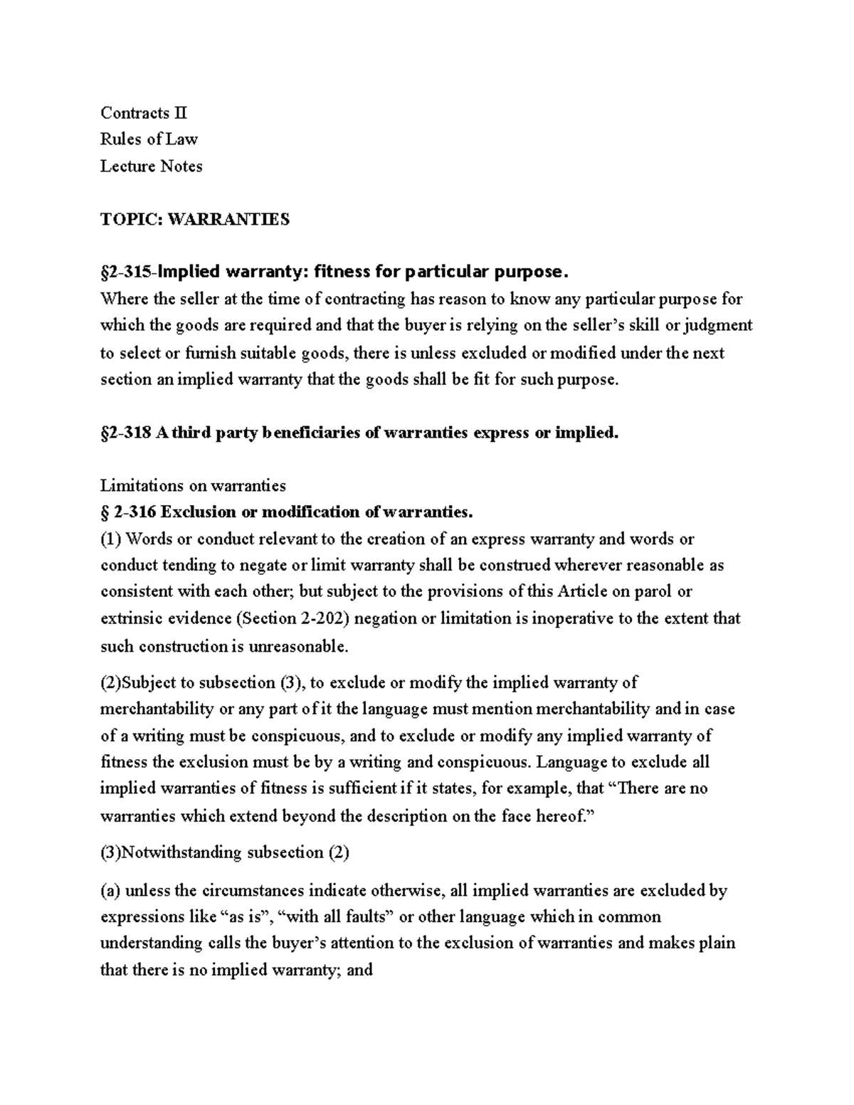 Limitations on warranties Contracts II Rules of Law Lecture Notes