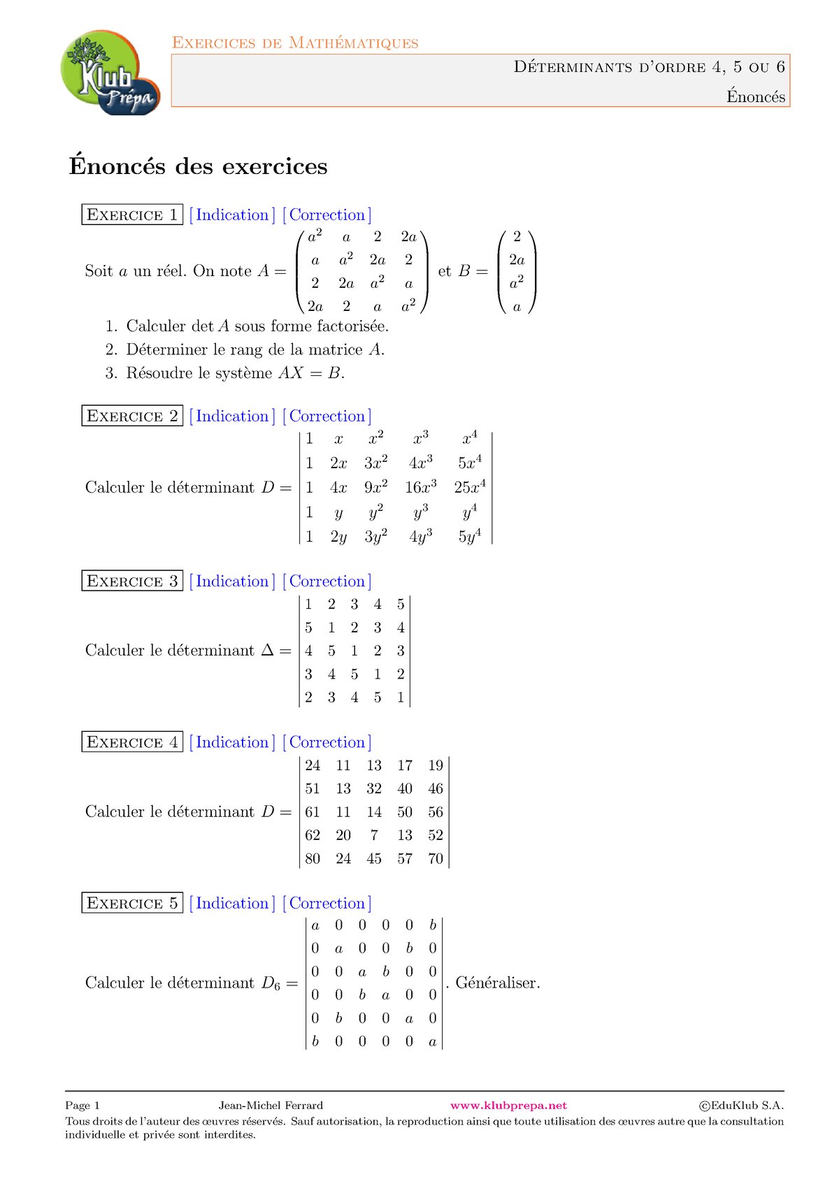 Exercice De Mathématique - D ́eterminants D’ordre 4, 5 Ou 6 Enonc ́ ́ ...