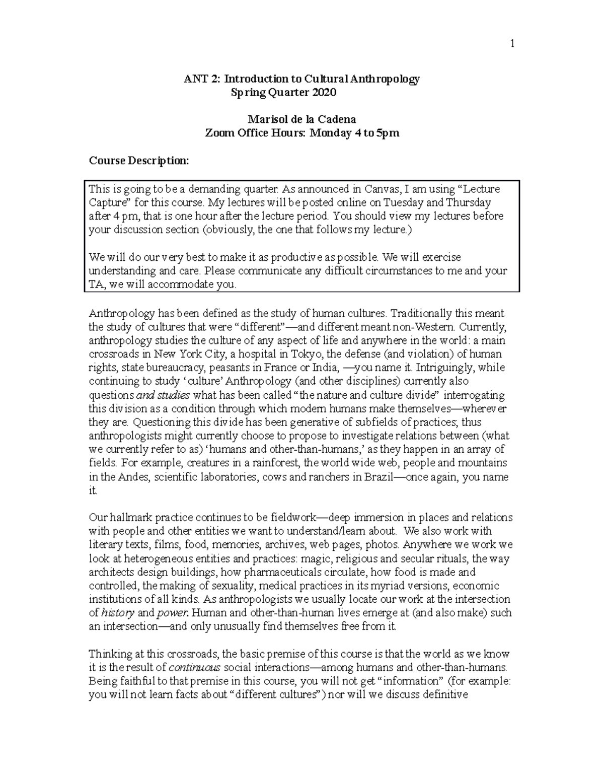 ANT 2 Syllabus Spring 2020 Final - ANT 2: Introduction to Cultural ...