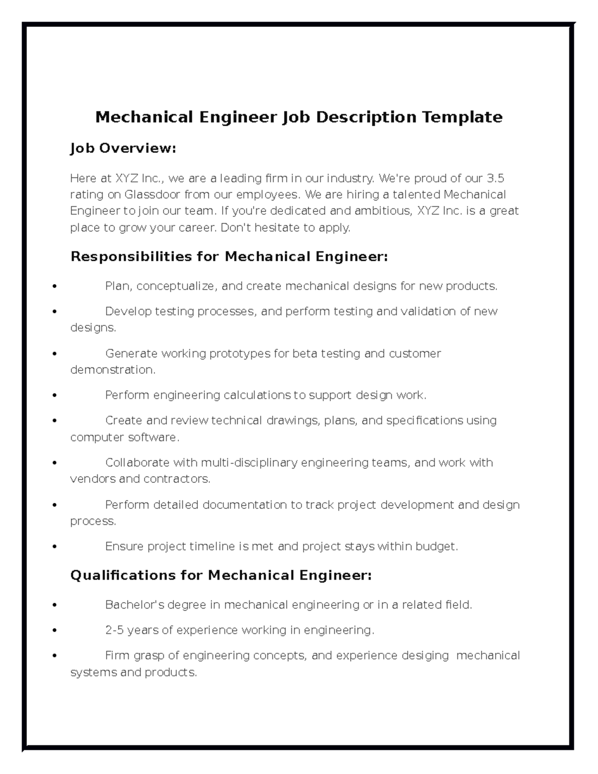 Deputy Manager Mechanical Job Description