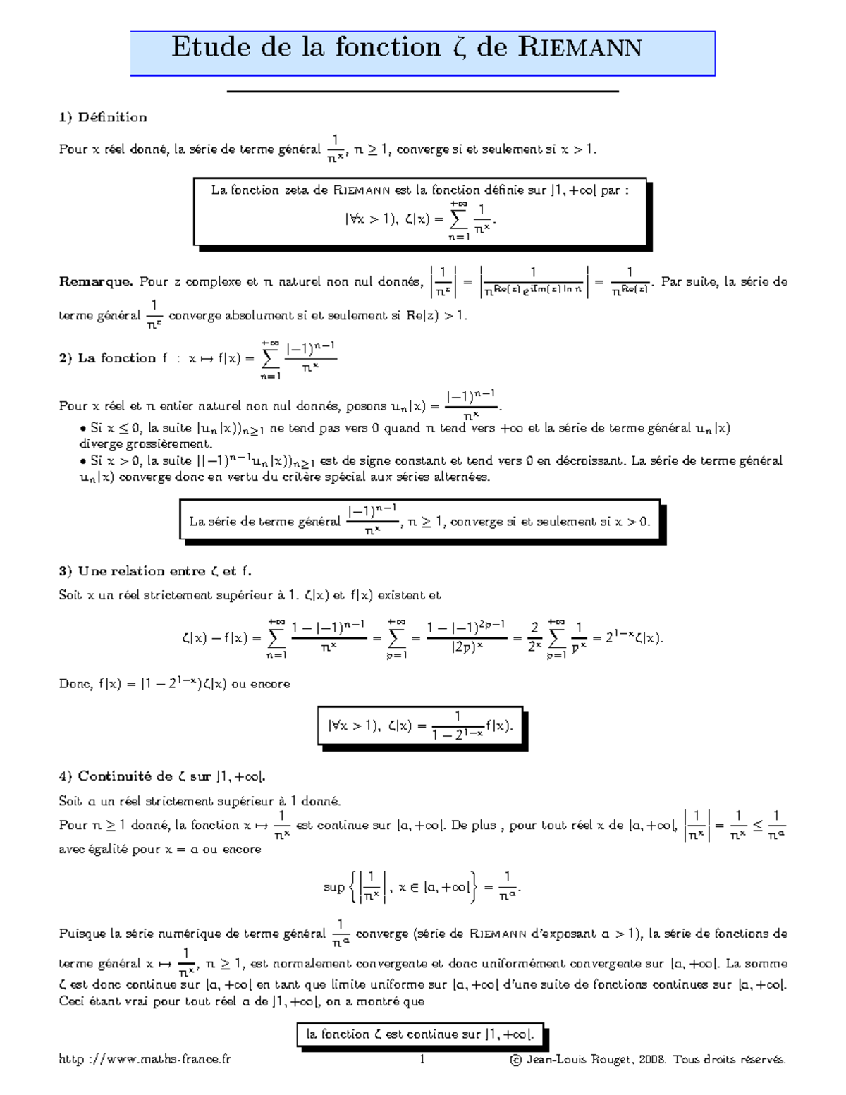 Etude de la fonction z de riemann - Etude de la fonction ζ de Riemann ...