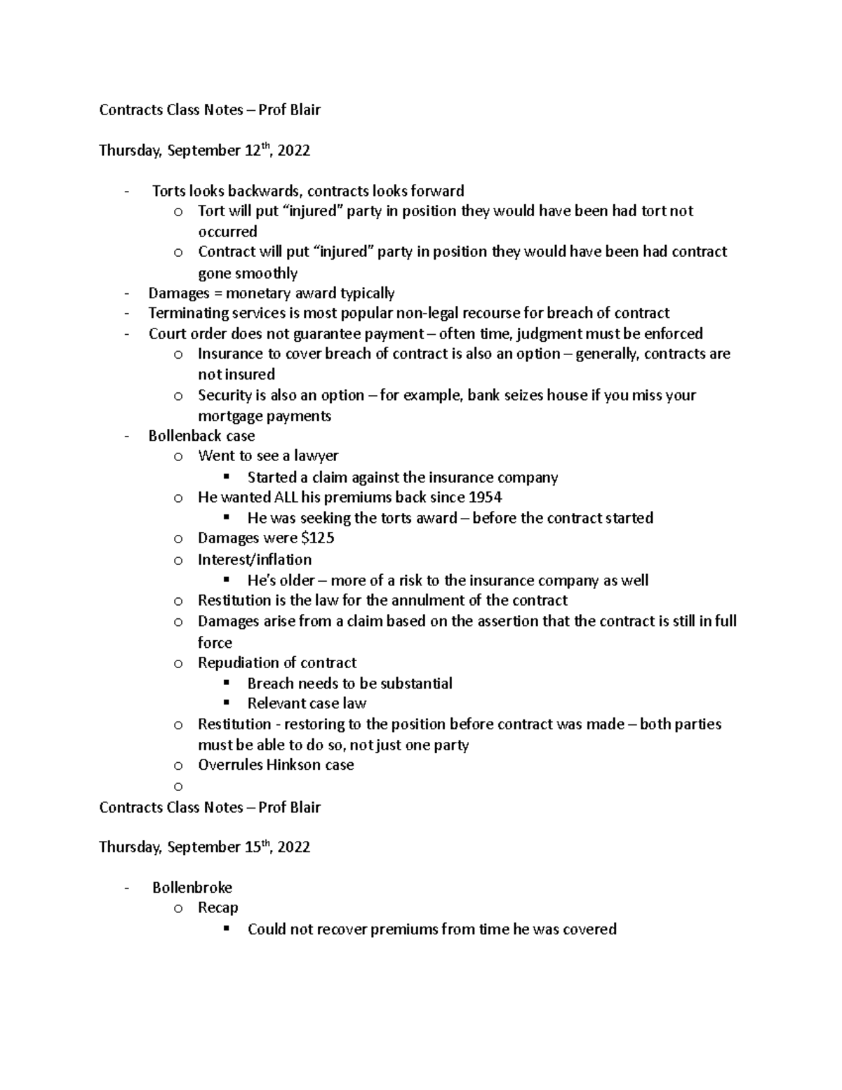 Contracts Class Notes Reed case o Actor double booked case o Anglia