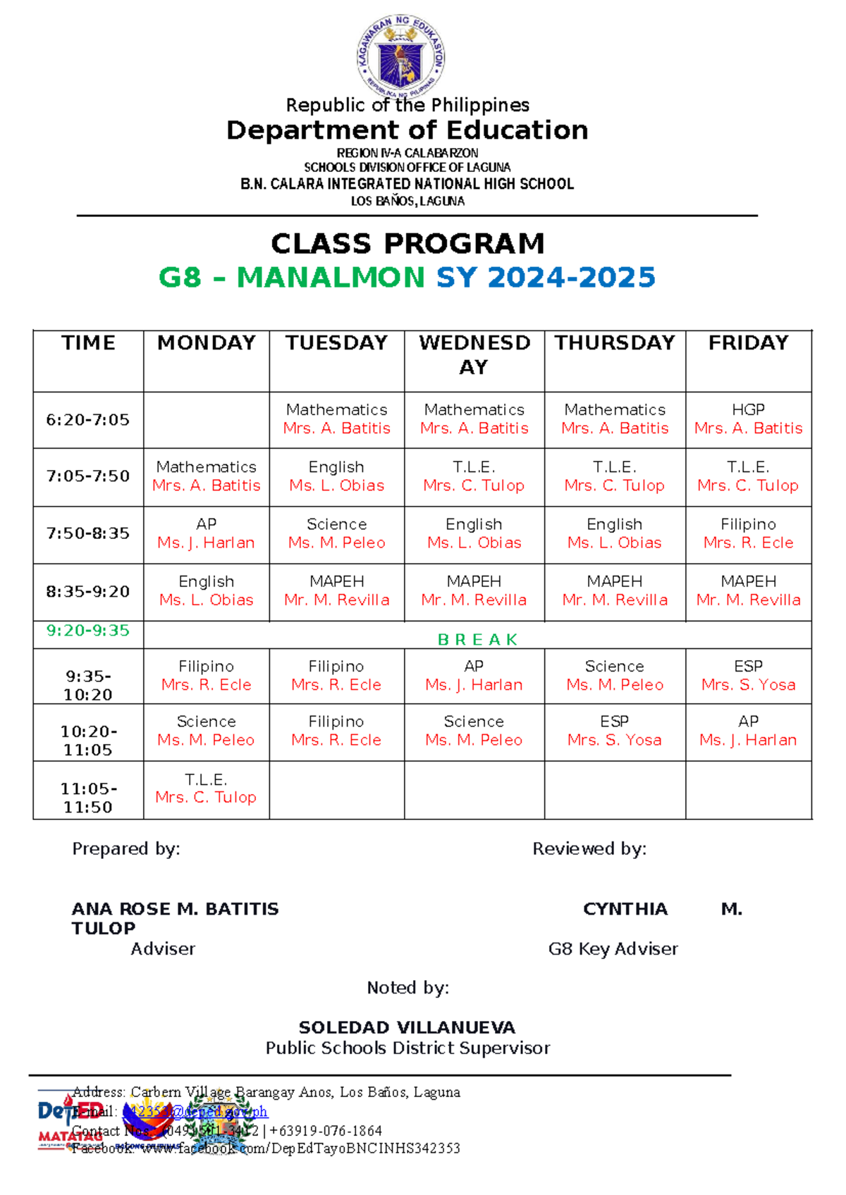 Class- Program - assignments - Republic of the Philippines Department ...